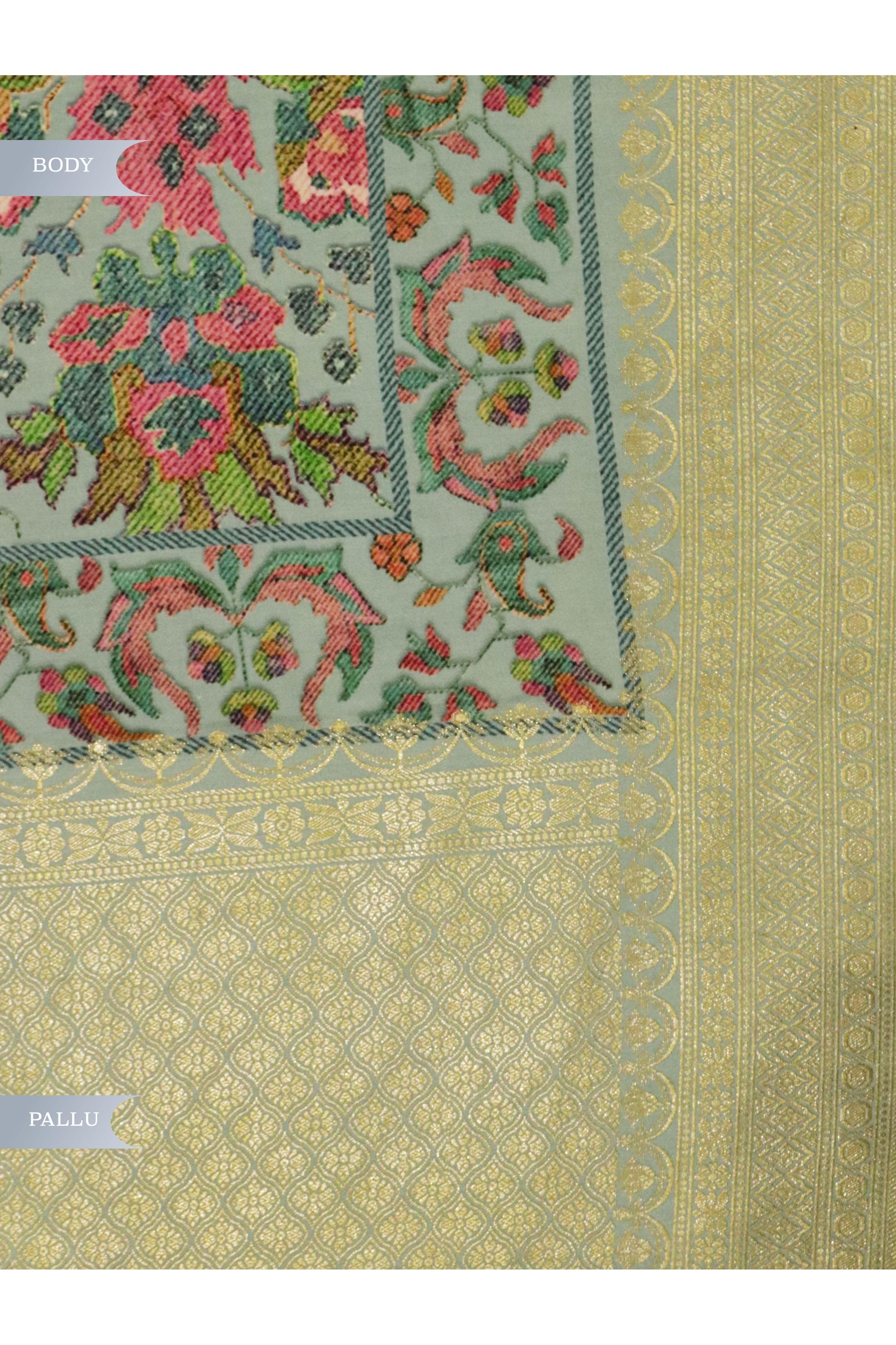 Turquoise Blue Banarasi Satin Silk Saree with All-Over Digital Print & Zari Border - Mokshaa