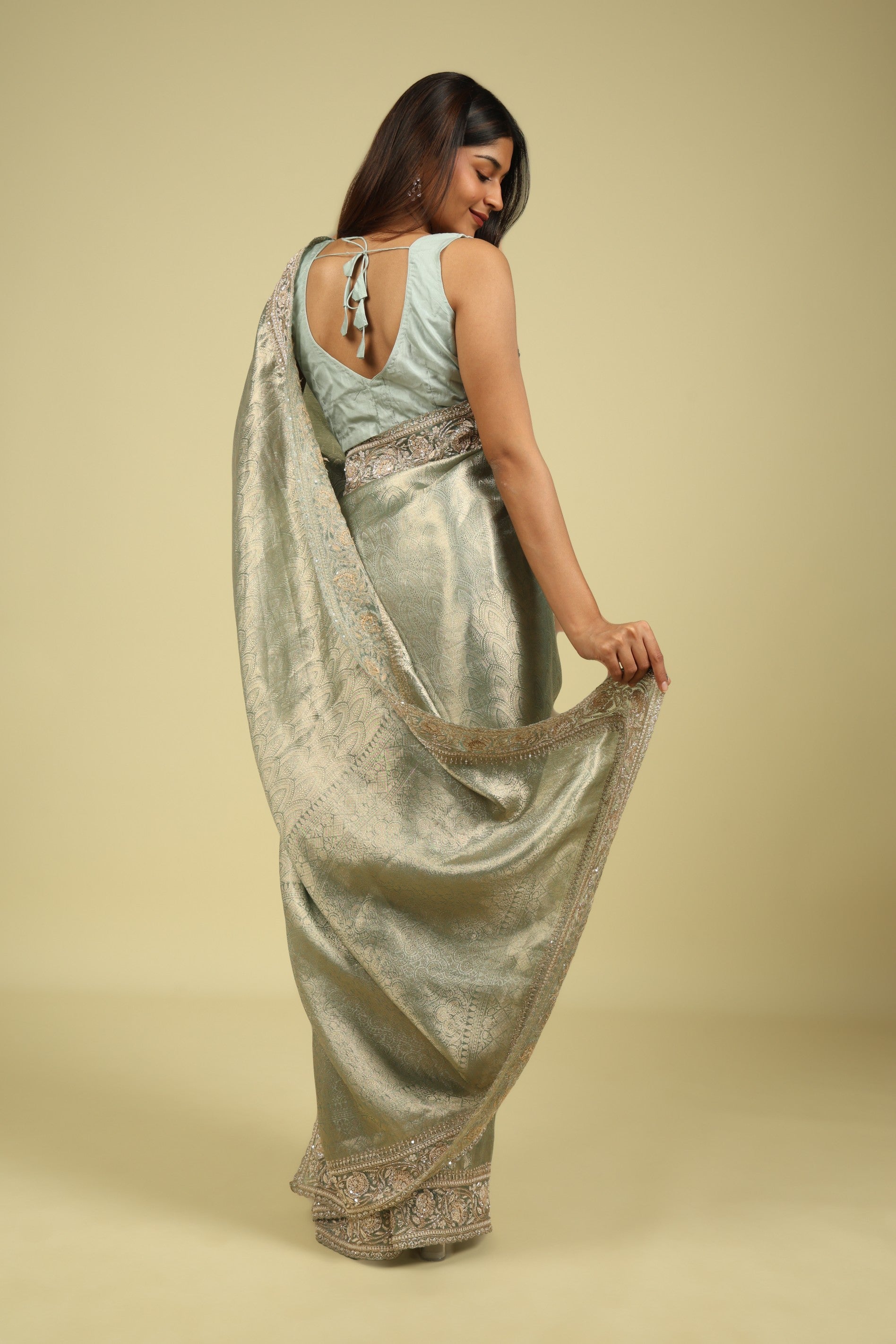 Sea Blue Banaras Tissue Saree with Pearl, Bead & Sequin Embroidered Border