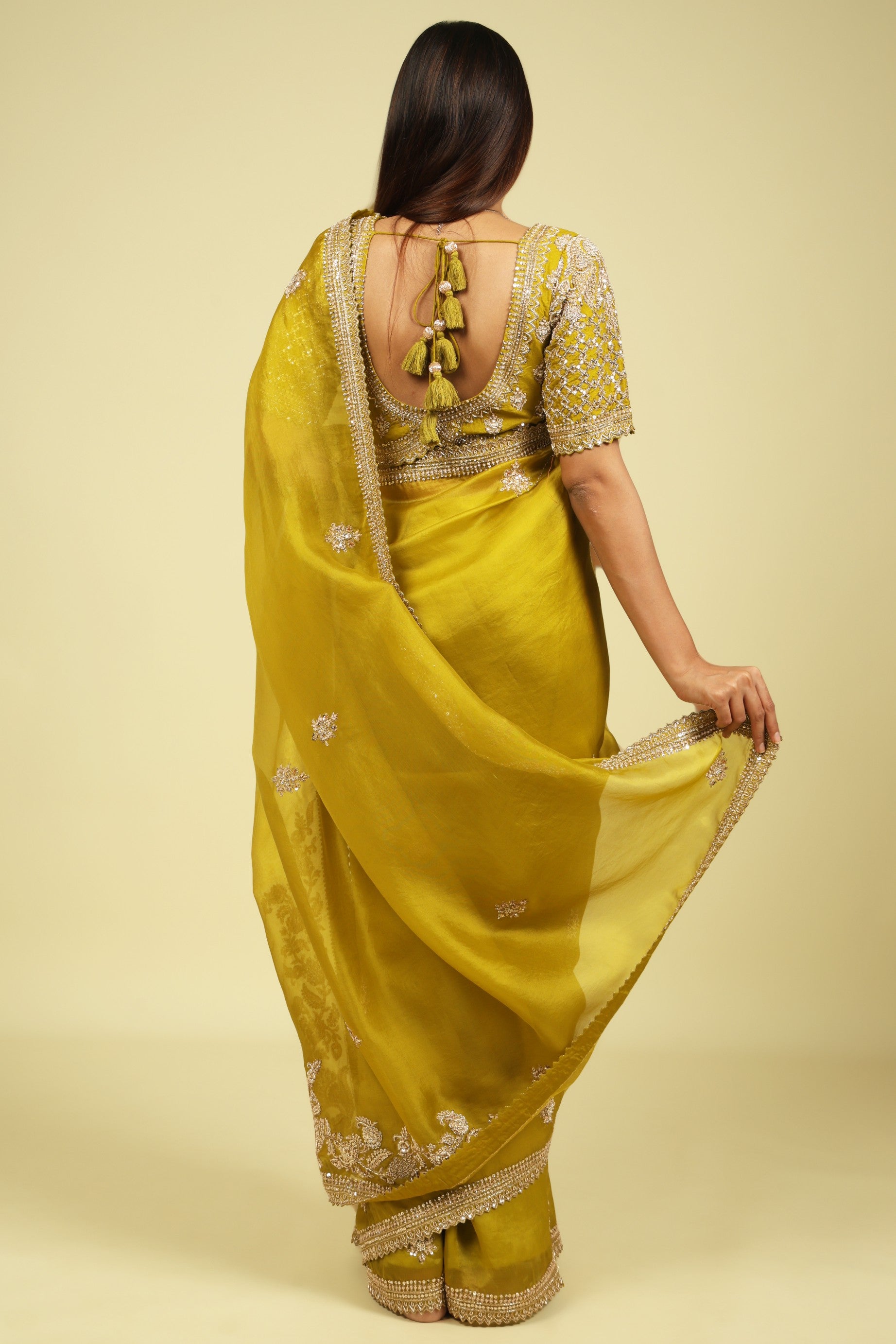 Lime Green Organza Saree with Zardoosi, Sequin Buttas & Embroidered Border