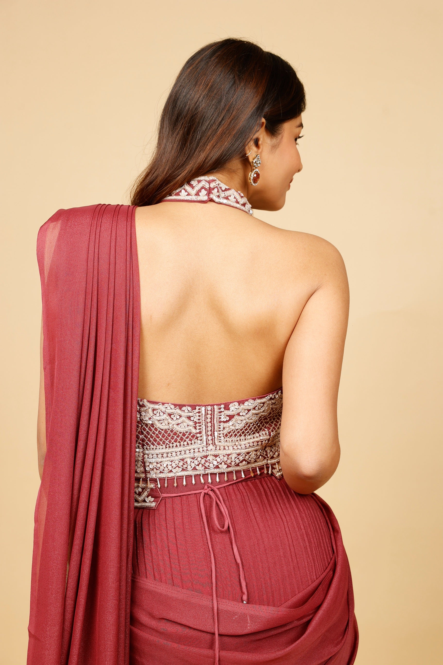 Maroon Embellished Drape Saree Set with Halter Neck Blouse & Pearl Detailing