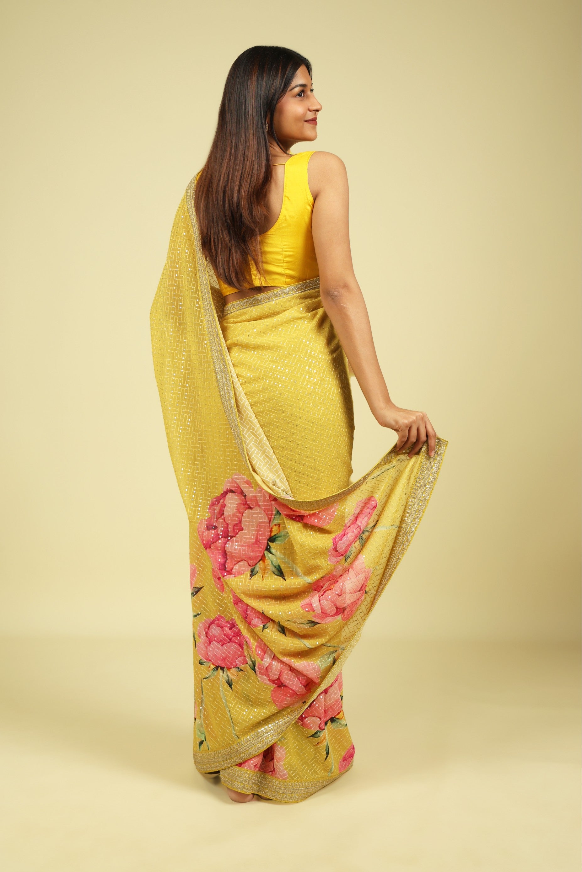 Lime Yellow Georgette Saree with Thread & Sequin Work and Digital Print Border