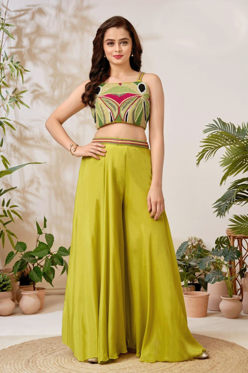 Lime Green Palazzo Set with Beaded Crop Top
