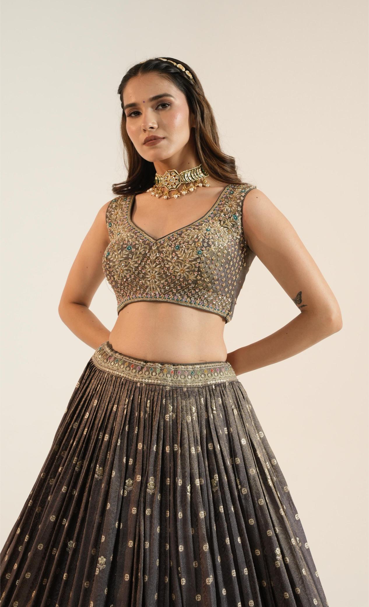 Charcoal Grey Embroidered Lehenga Set