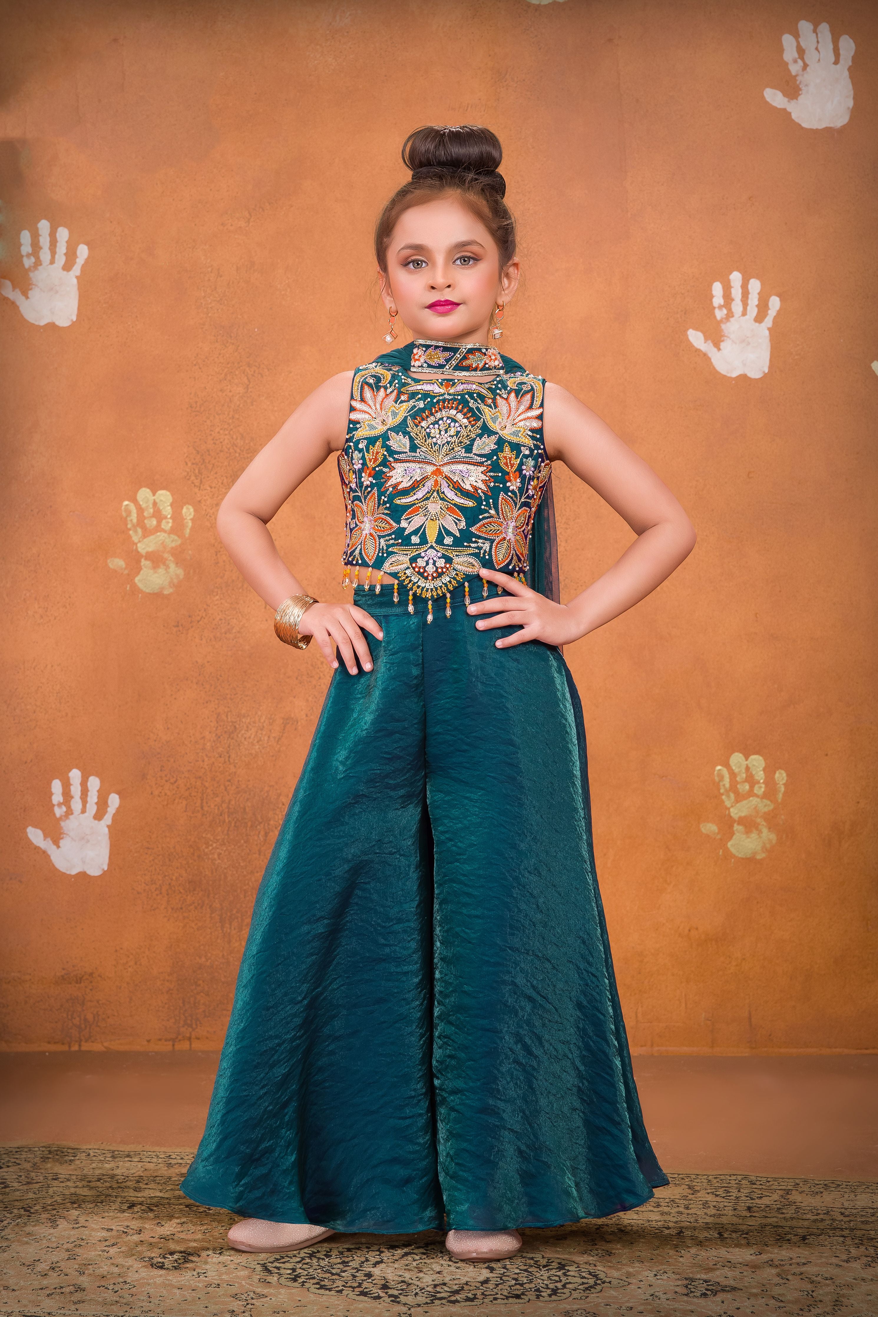 Teal Embroidered Crop Top with Palazzo Pants for Girls