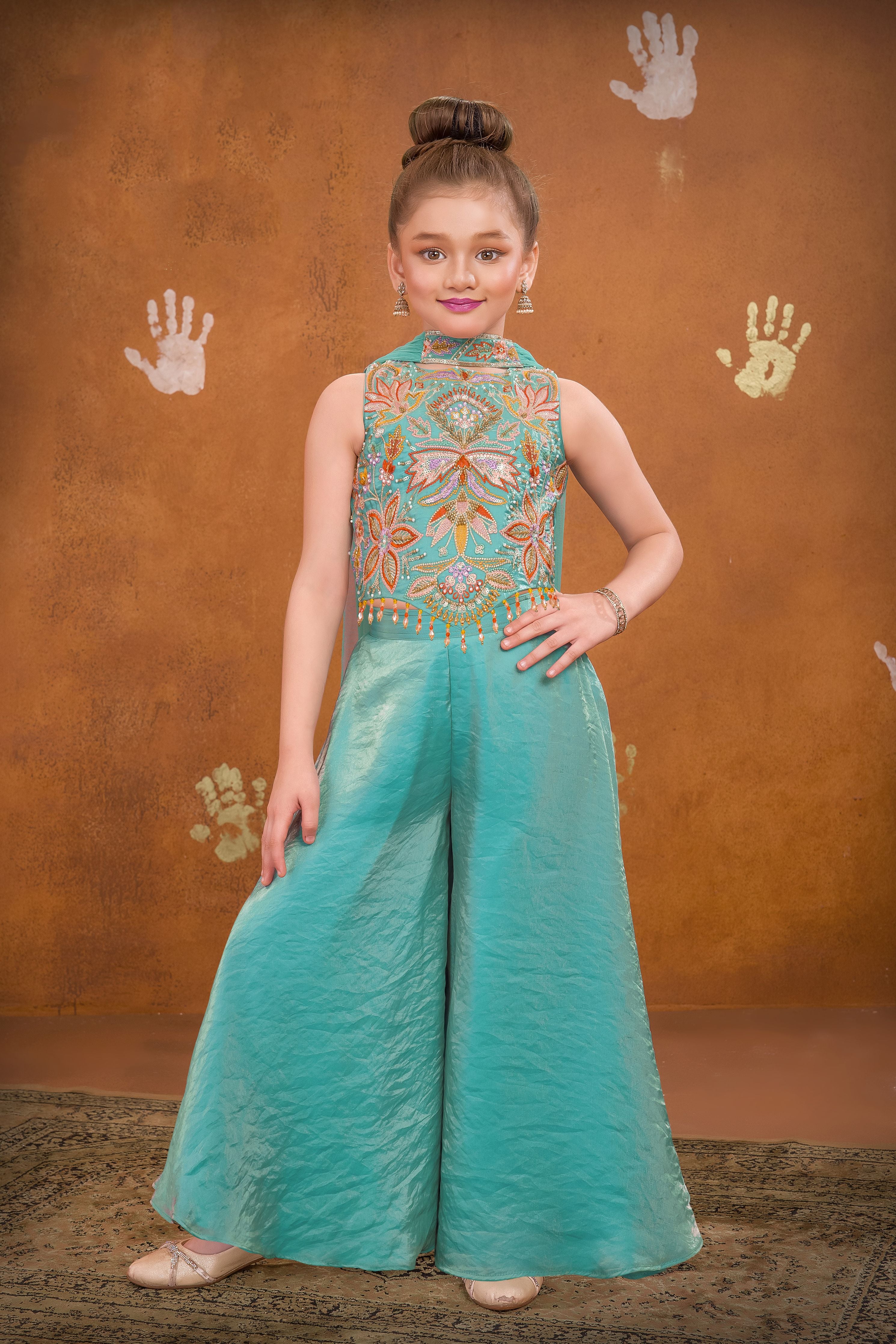 Mint Blue Embroidered Crop Top with Palazzo Pants for Girls
