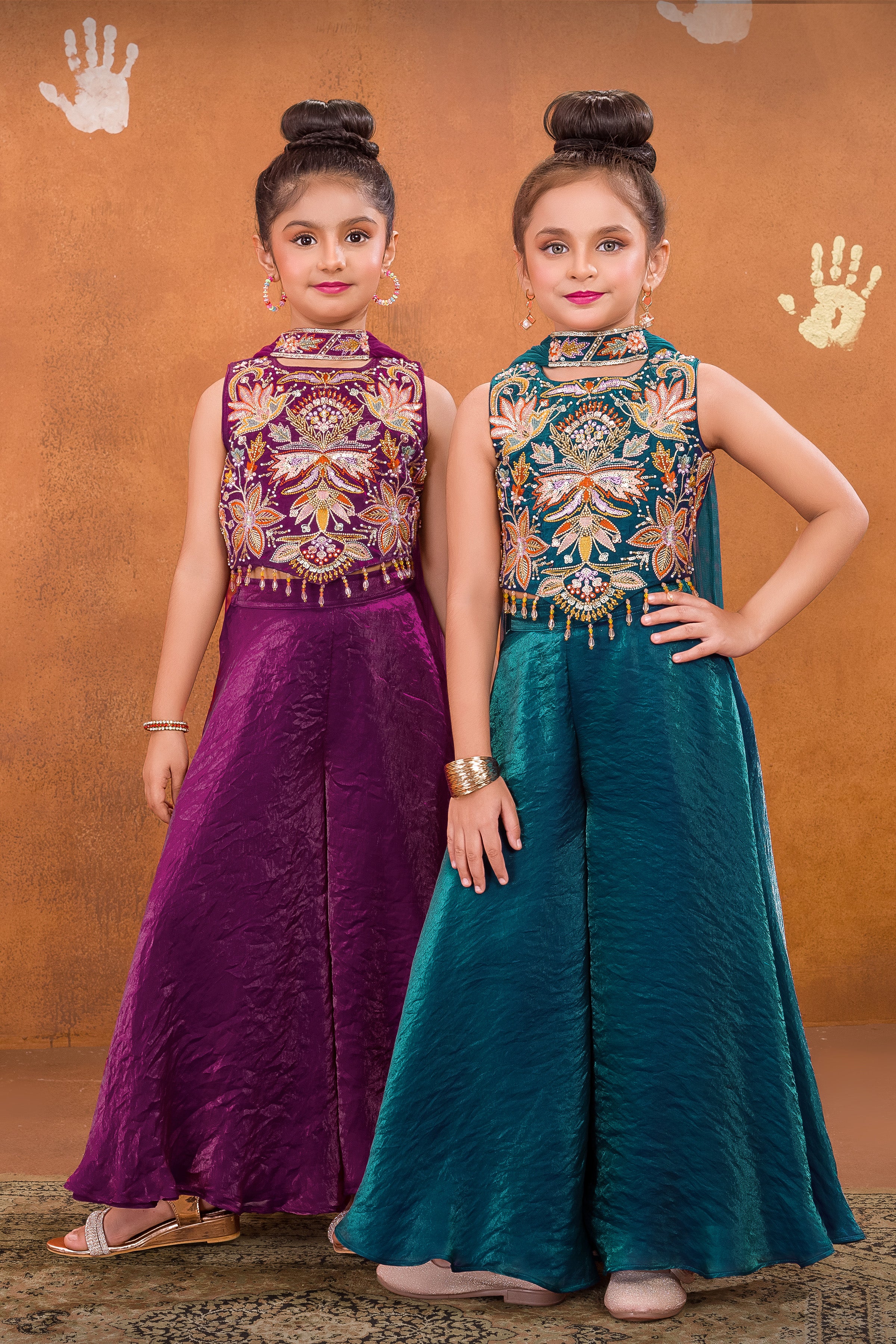 Teal Embroidered Crop Top with Palazzo Pants for Girls