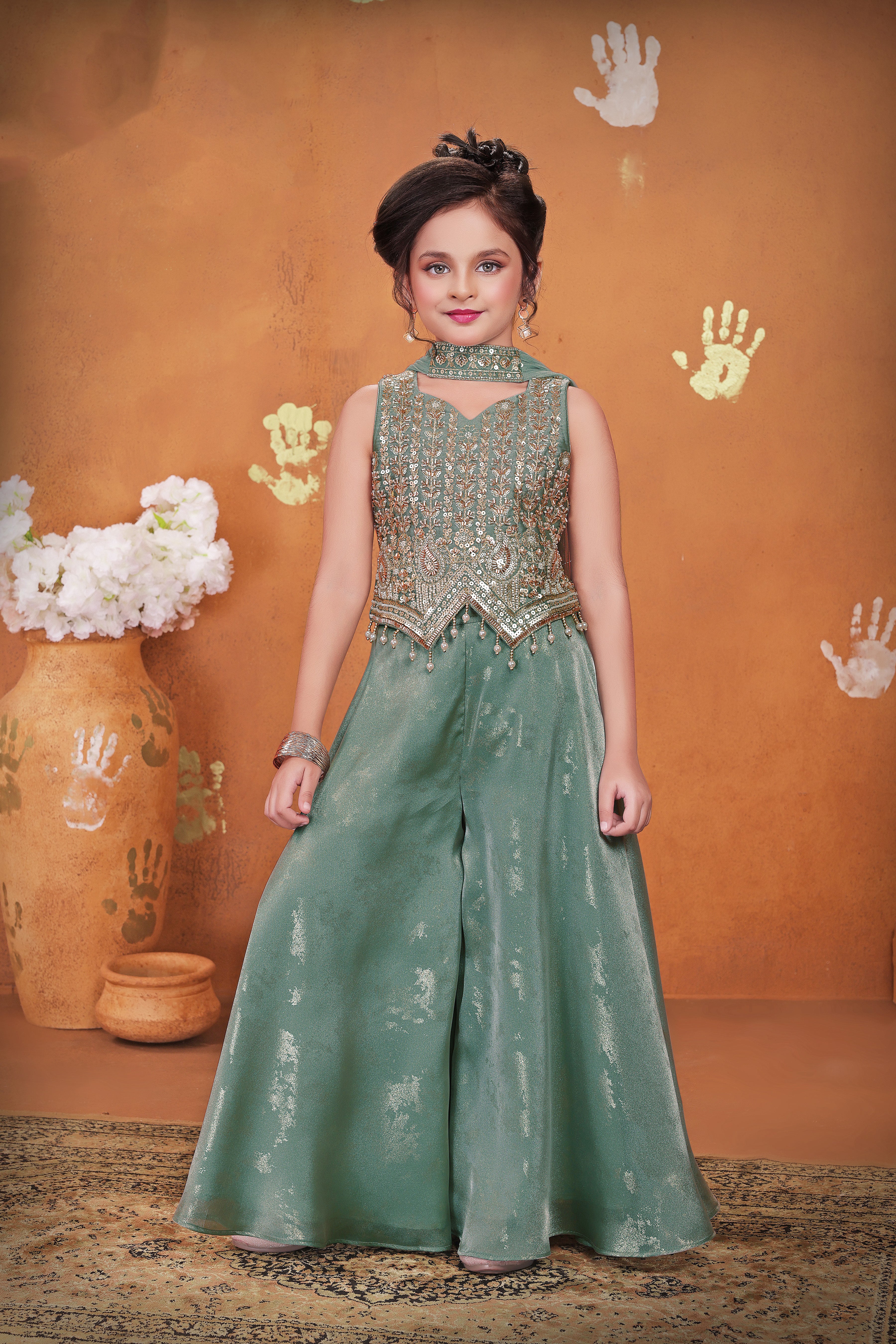 Sage Green Embroidered Crop Top with Palazzo Pants for Girls