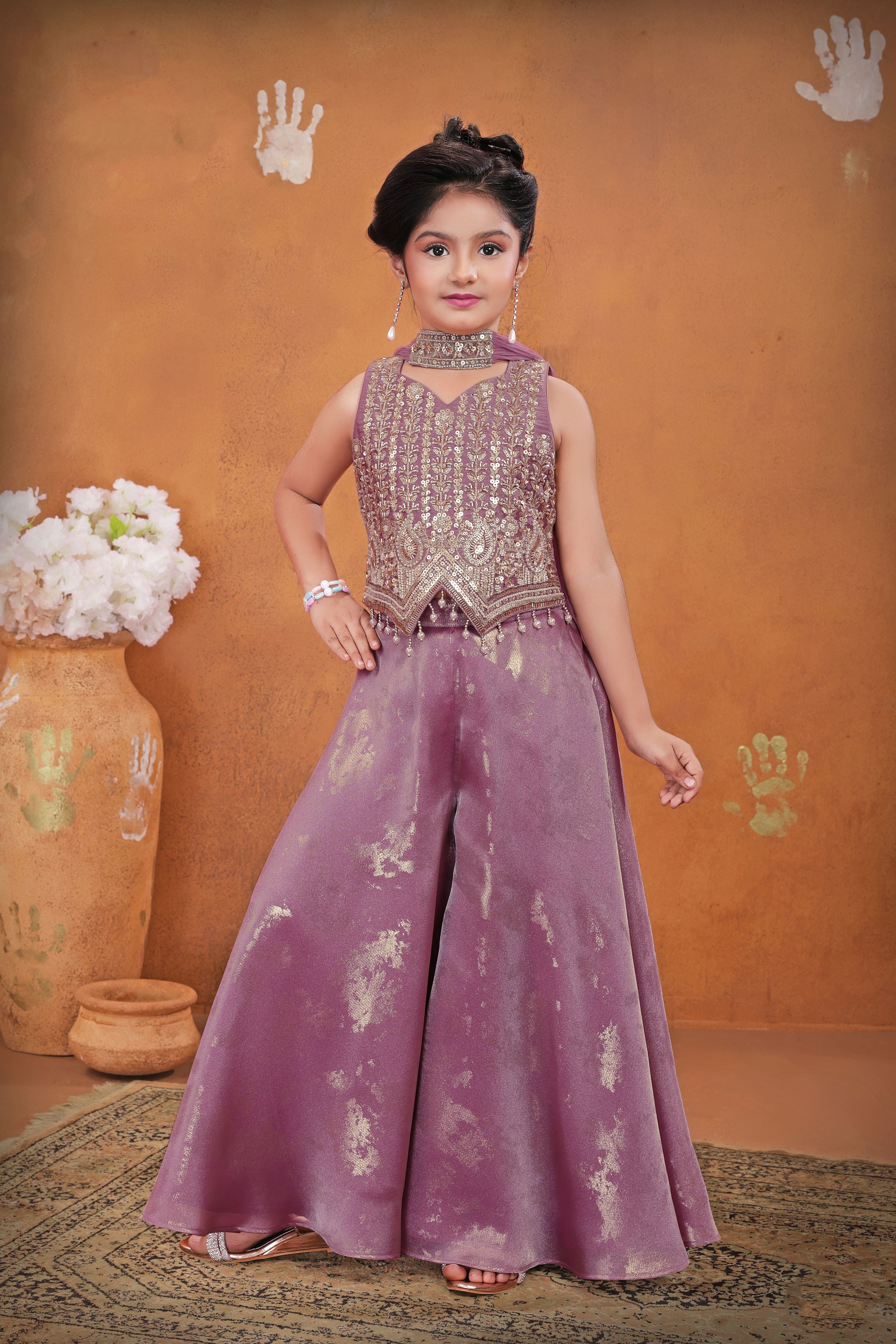 Lavender Embroidered Crop Top with Palazzo Pants for Girls