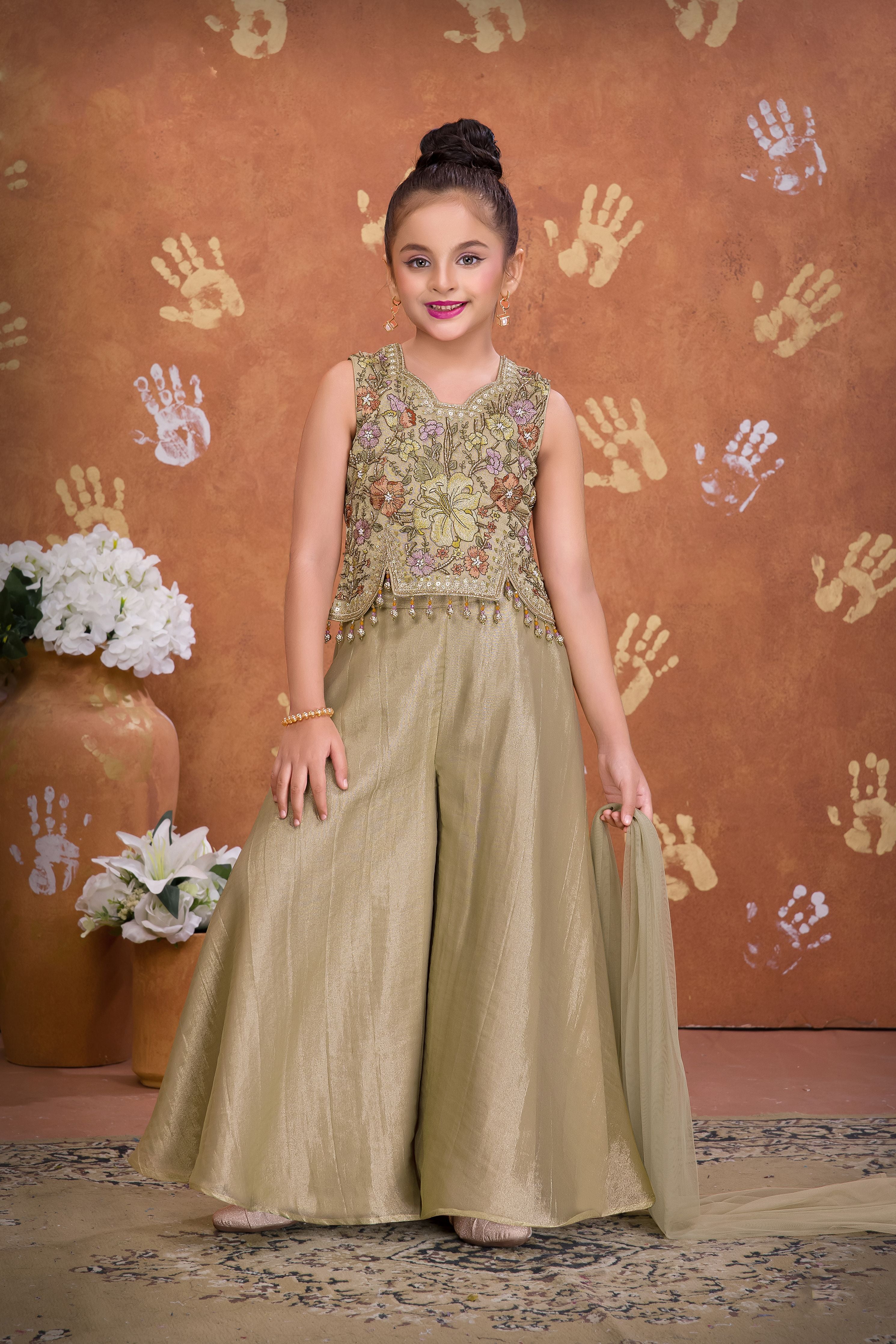 Gold Shimmer Tissue Multicolour Floral Embroidered Crop Top & Palazzo Set for Girls