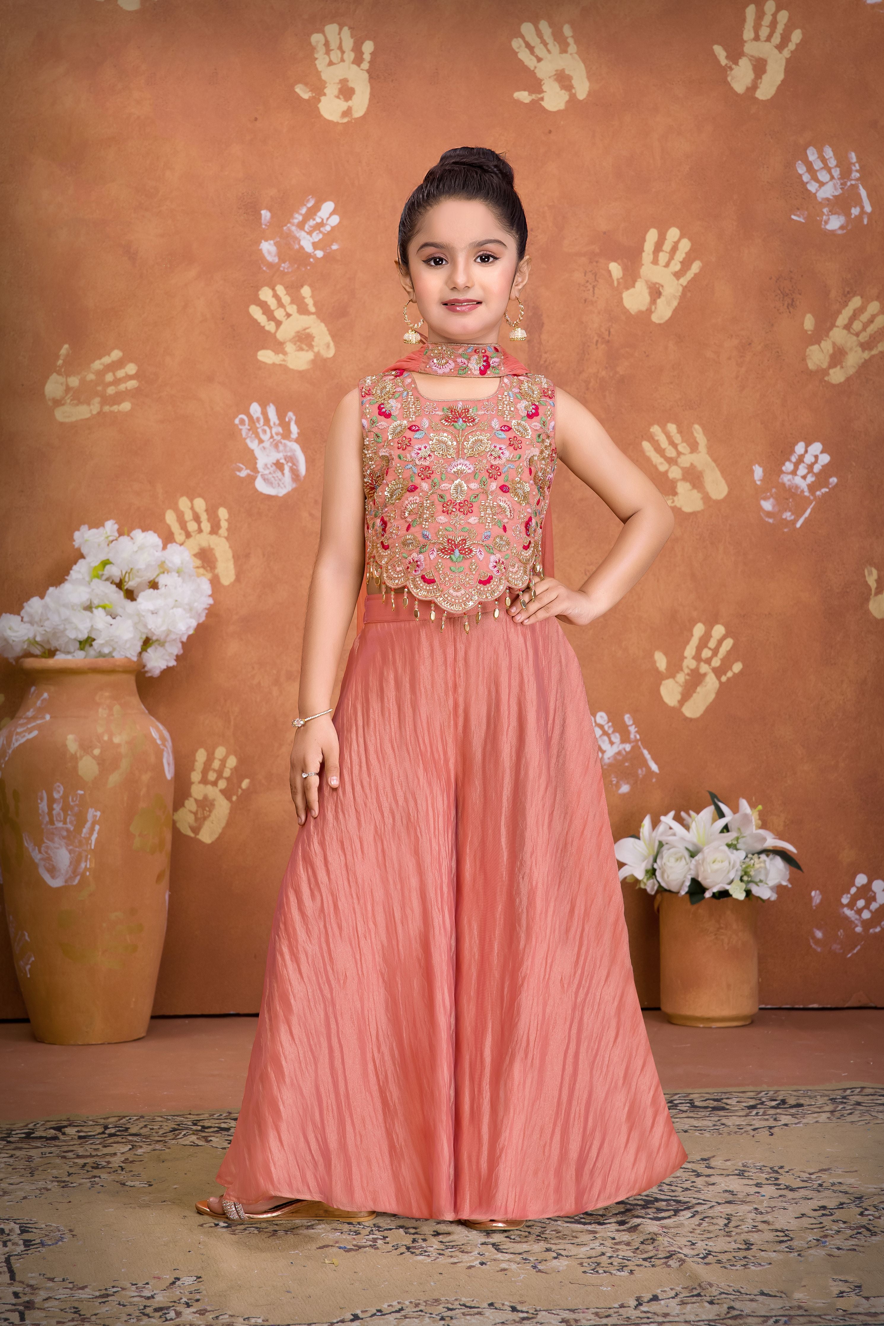 Peach Crushed Fabric Multicolour Floral Bead Embroidered Crop Top & Palazzo Set for Girls