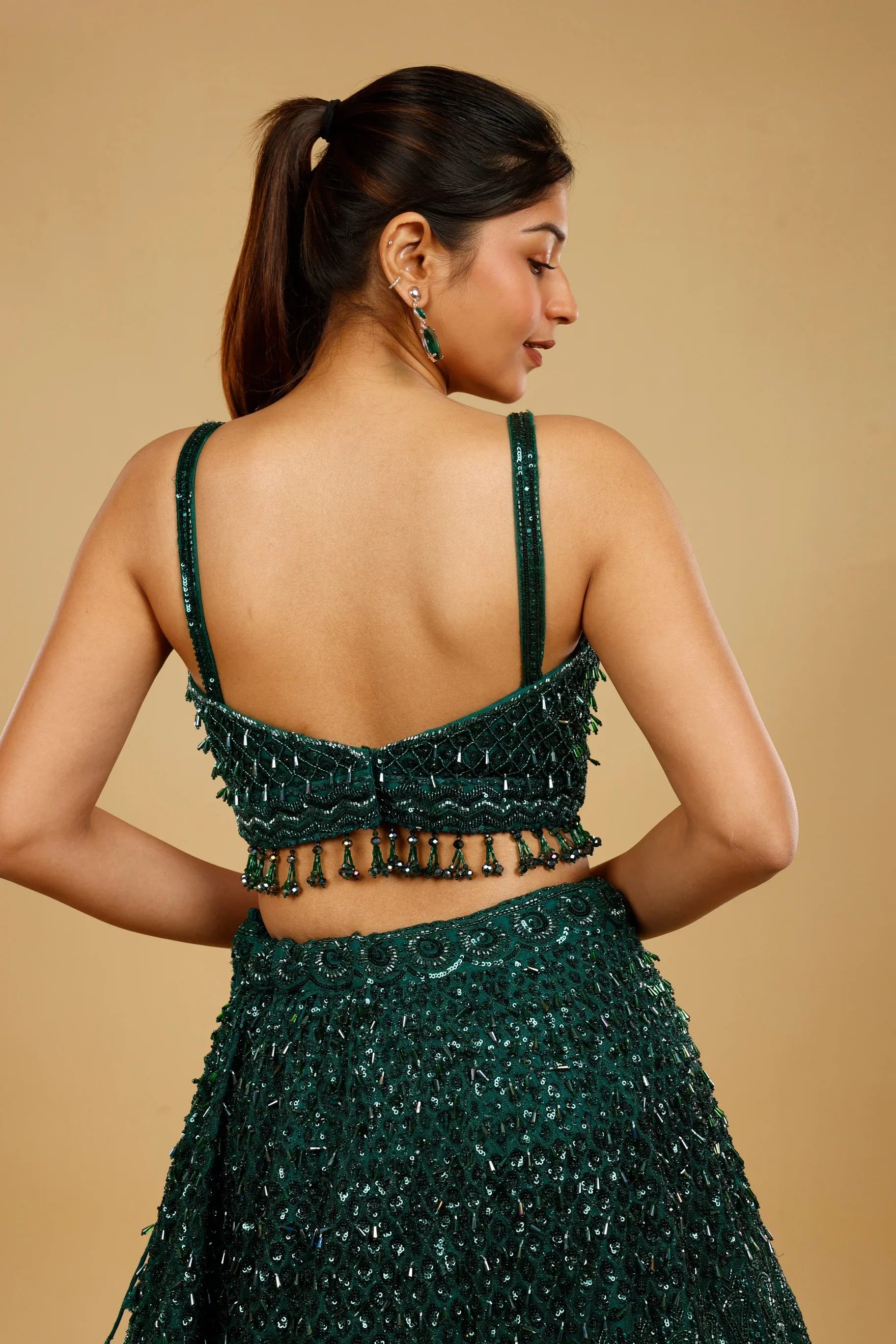 Bottle Green Net Lehenga Set with Sequin, Cutdana & Pearl Embroidery