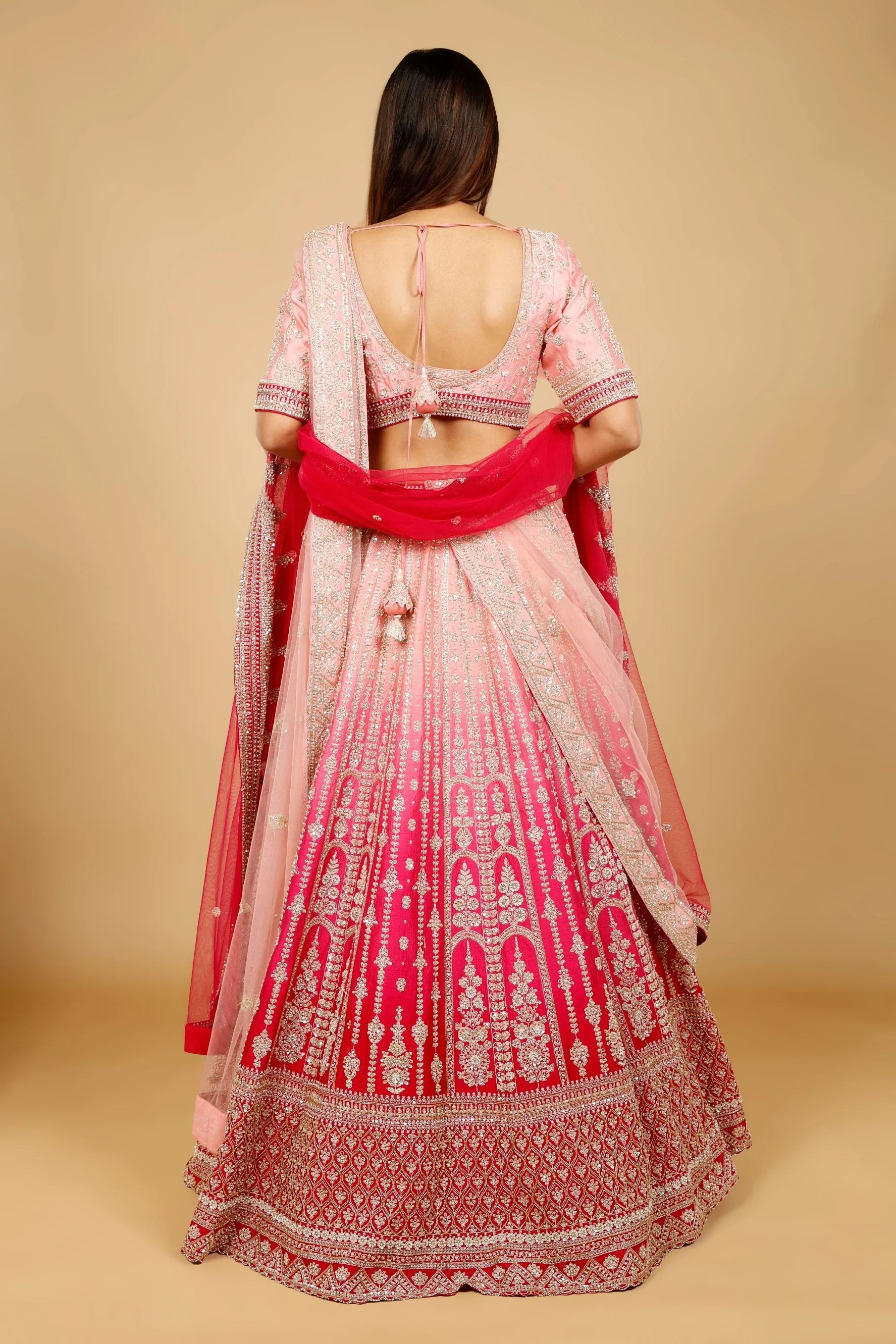 Pink Ombre Raw Silk Bridal Lehenga Set with Zari, Sequin & Zardozi Embroidery
