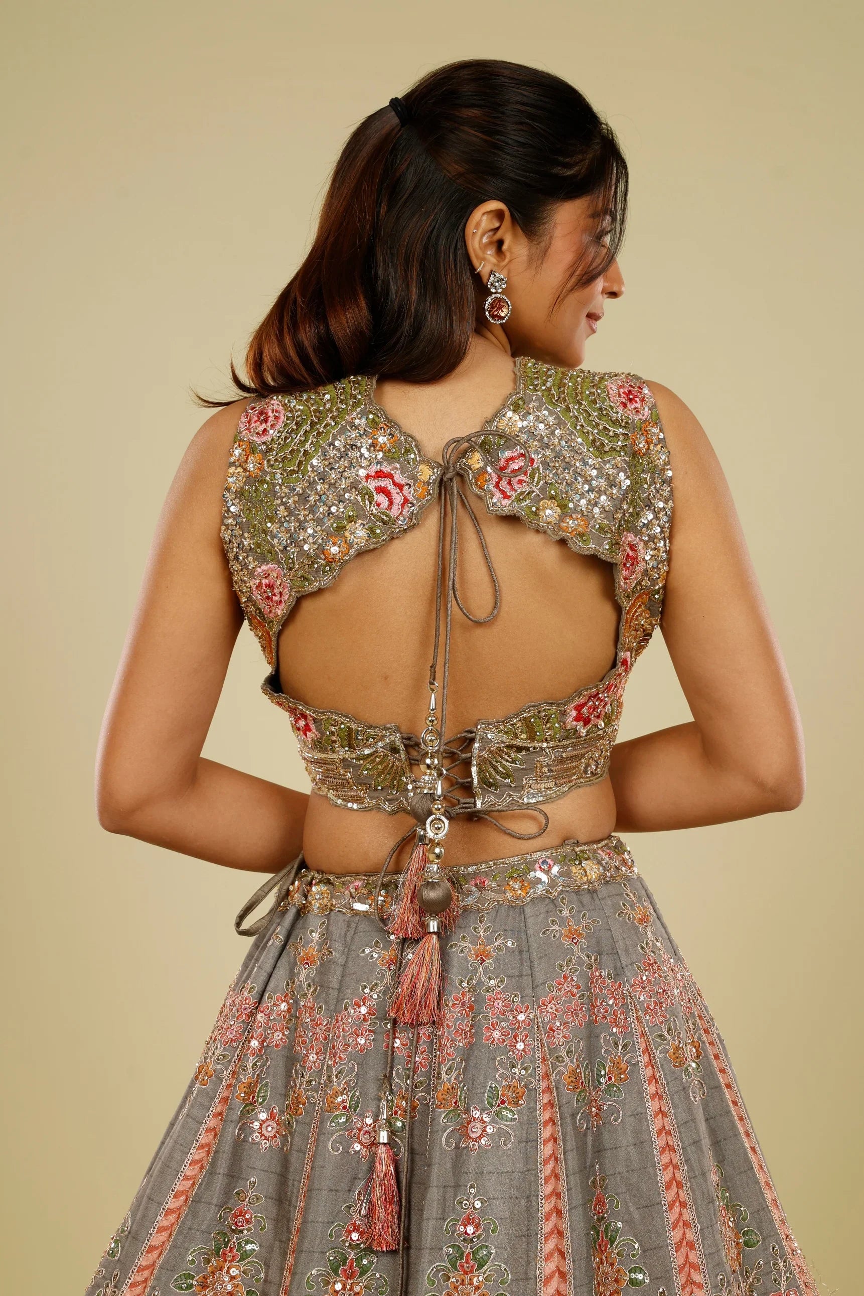 Grey Silk Lehenga Set with Zari, Stone & Sequin Embroidery | Mokshaa