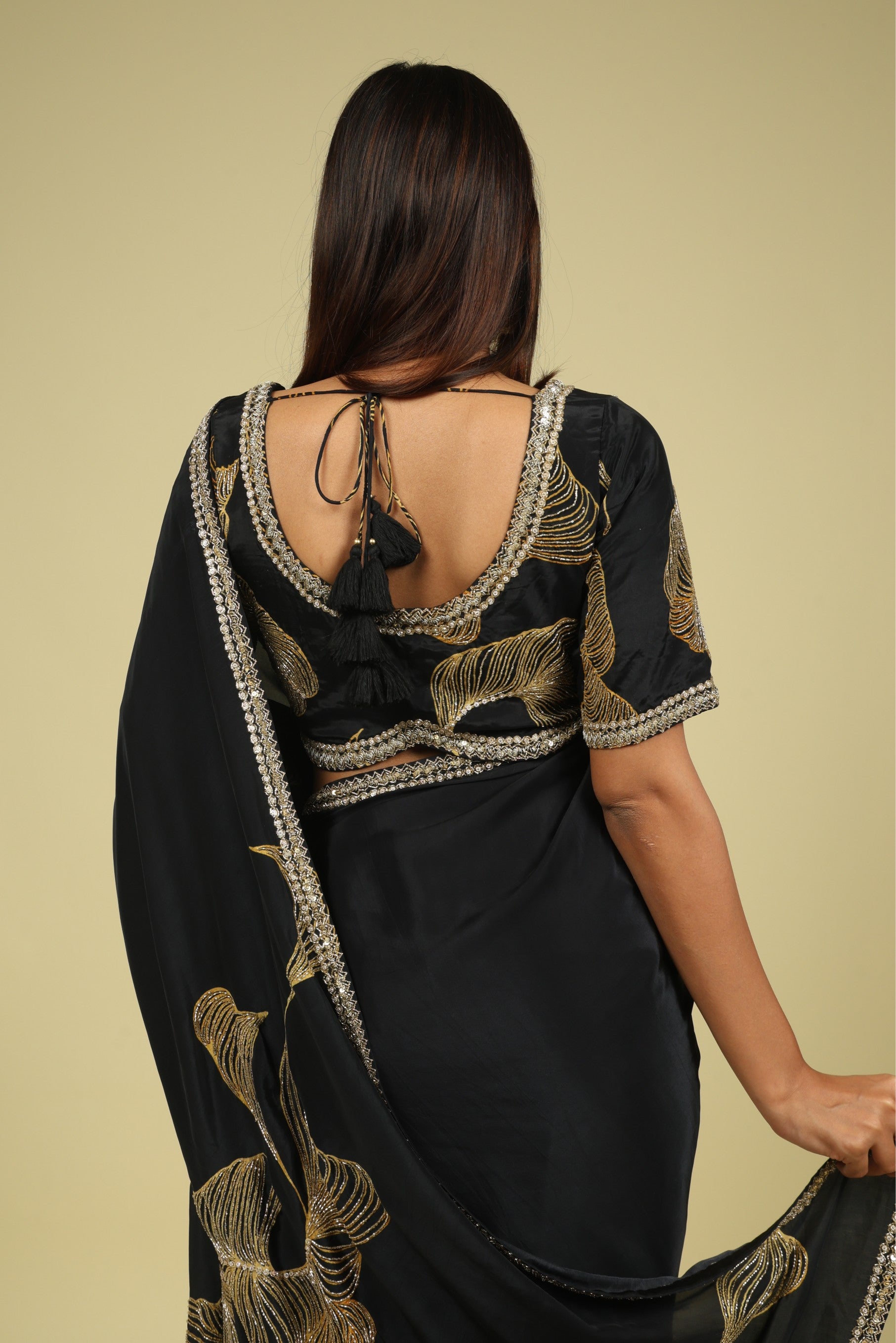 Black Satin Saree with Kardana & Sequin Fancy Work