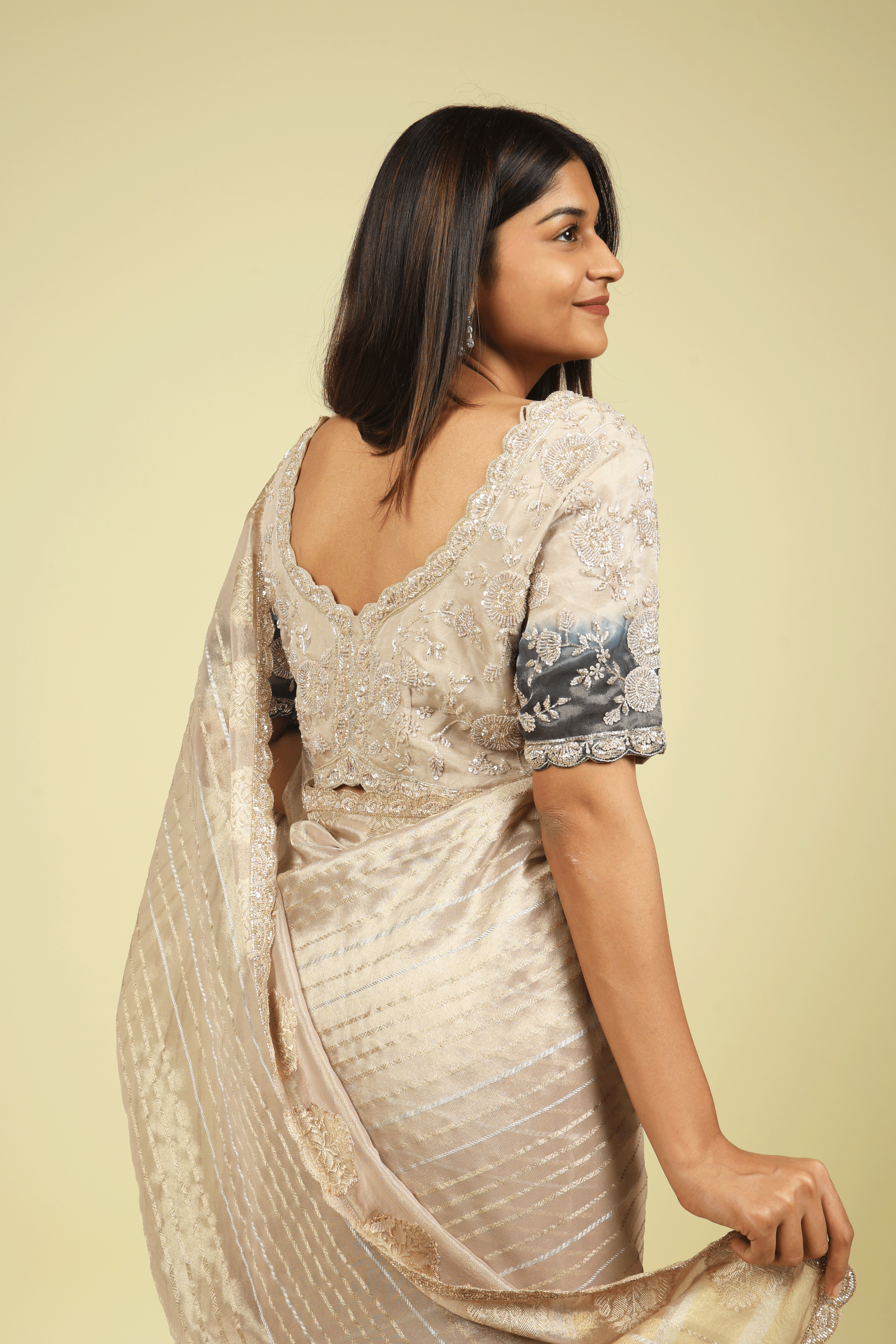 Rose Gold Tissue Saree with Gold & Silver Zari Stripes and Bead-Sequin Border