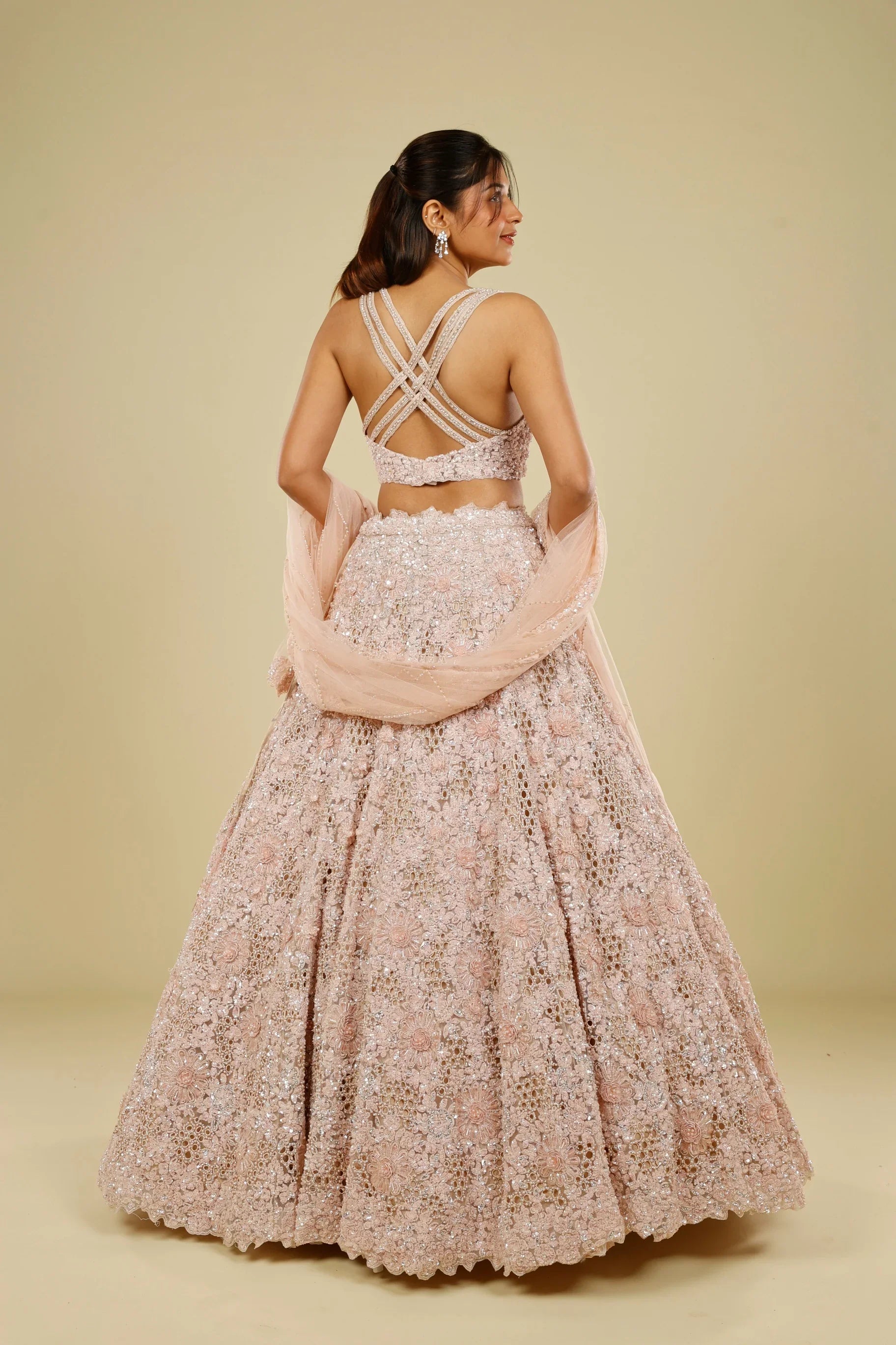 Blush Pink Net Cutwork Lehenga Set with Sequin, Stone & Pearl Embroidery