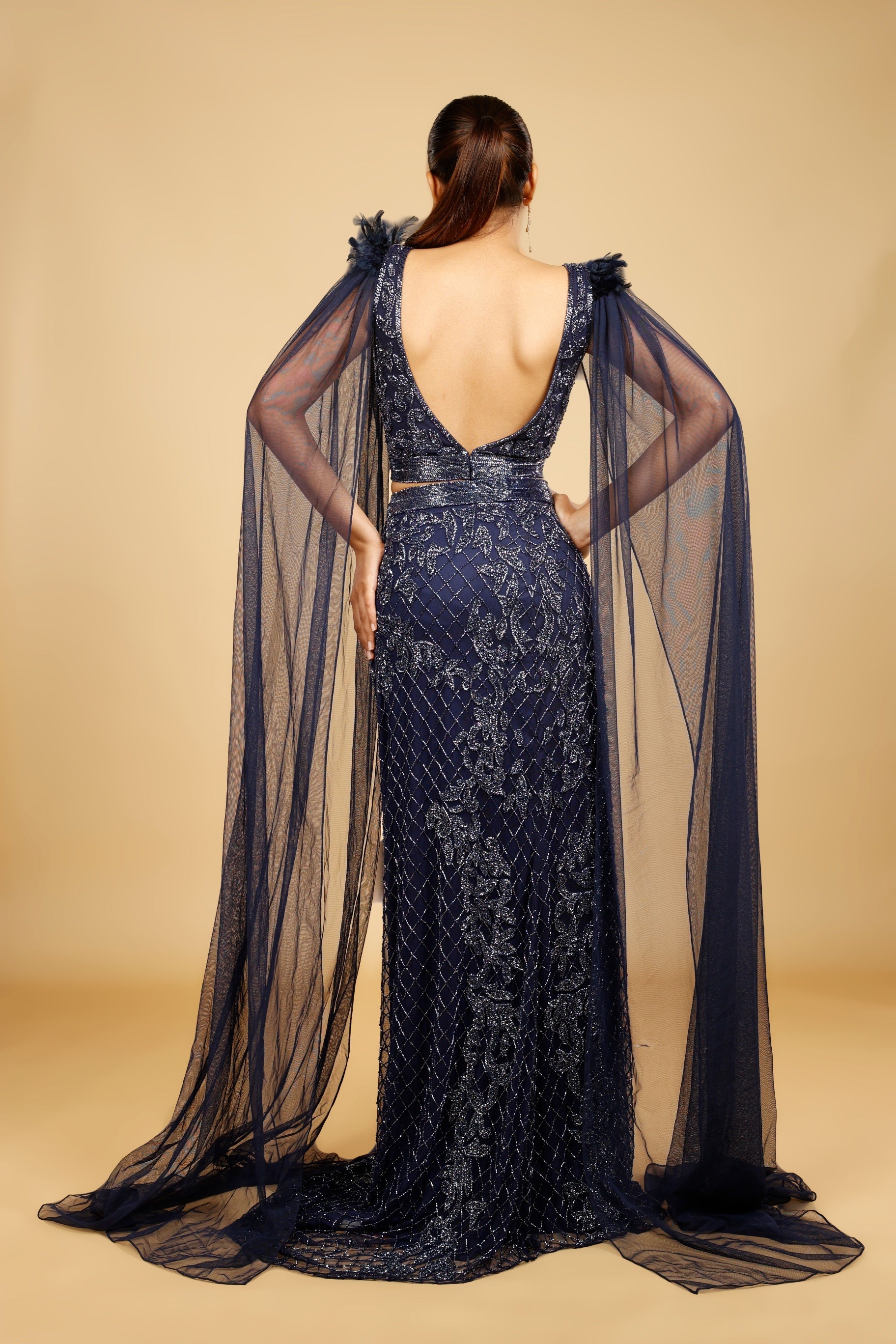 Navy Blue Net Mermaid Skirt Set with Cutdana Embroidery