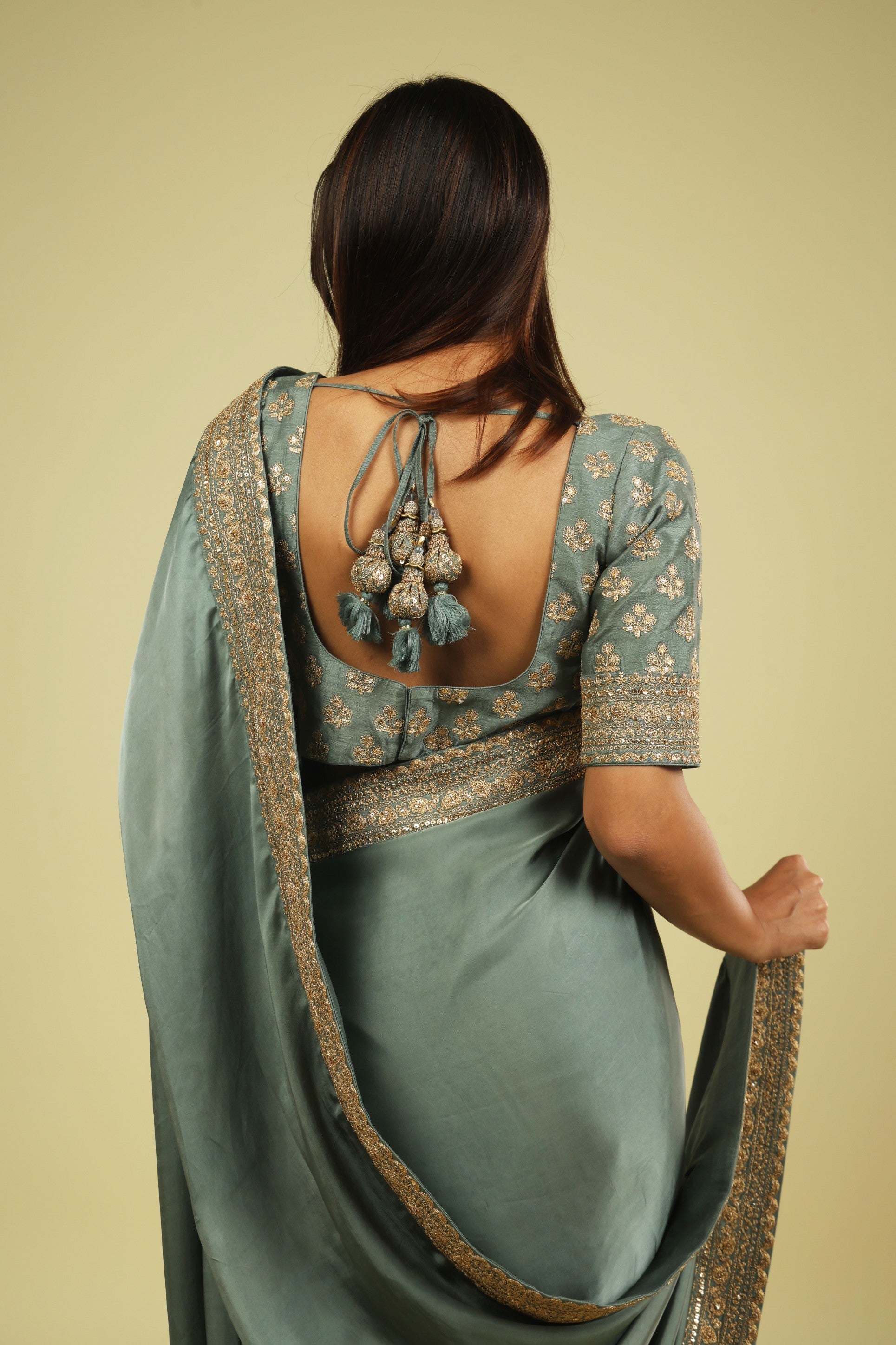 Powder Blue Satin Saree with Zari Thread Border & Zari Motif Blouse