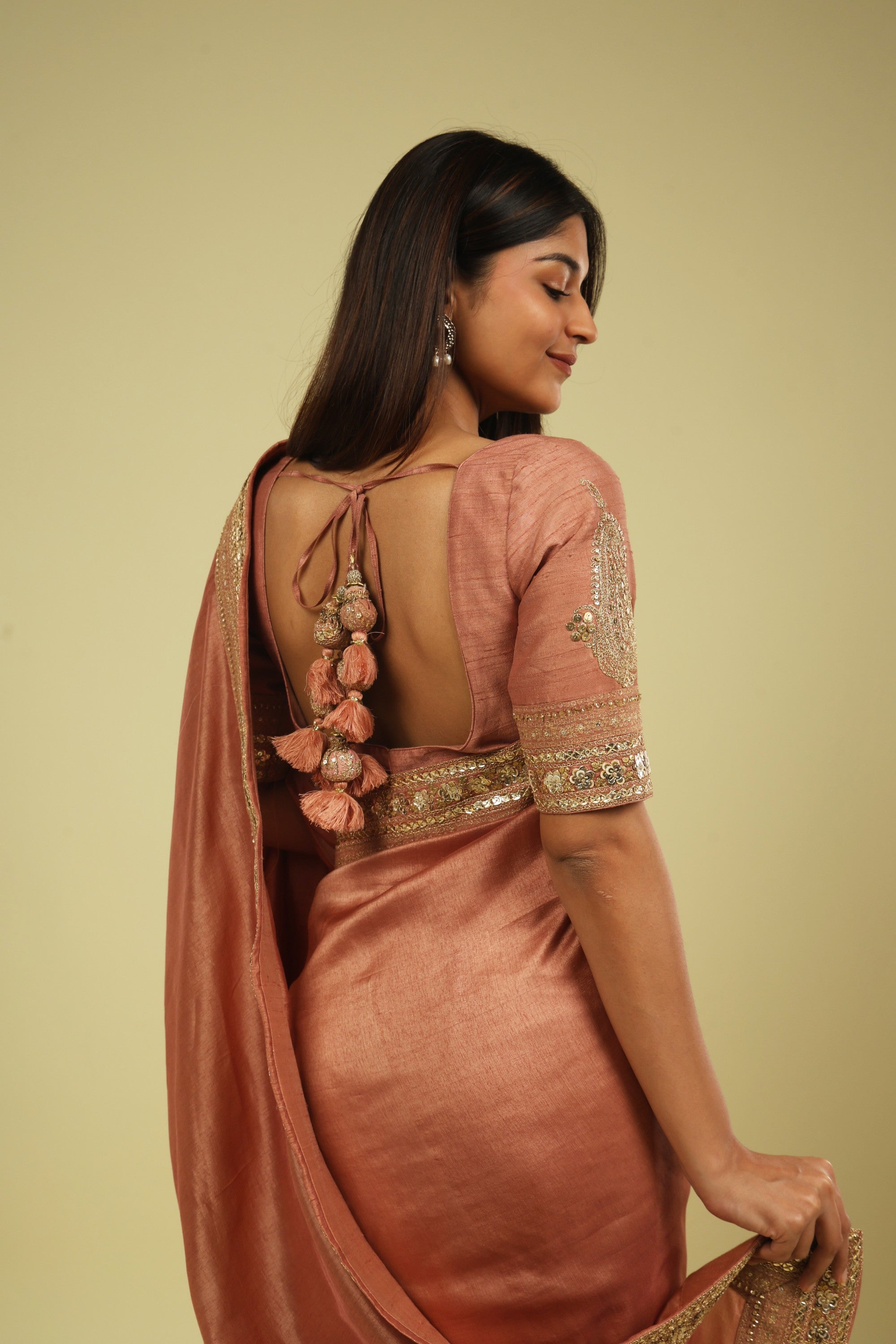 Rust Peach Tussar Georgette Saree with Zari Thread & Sequin Border