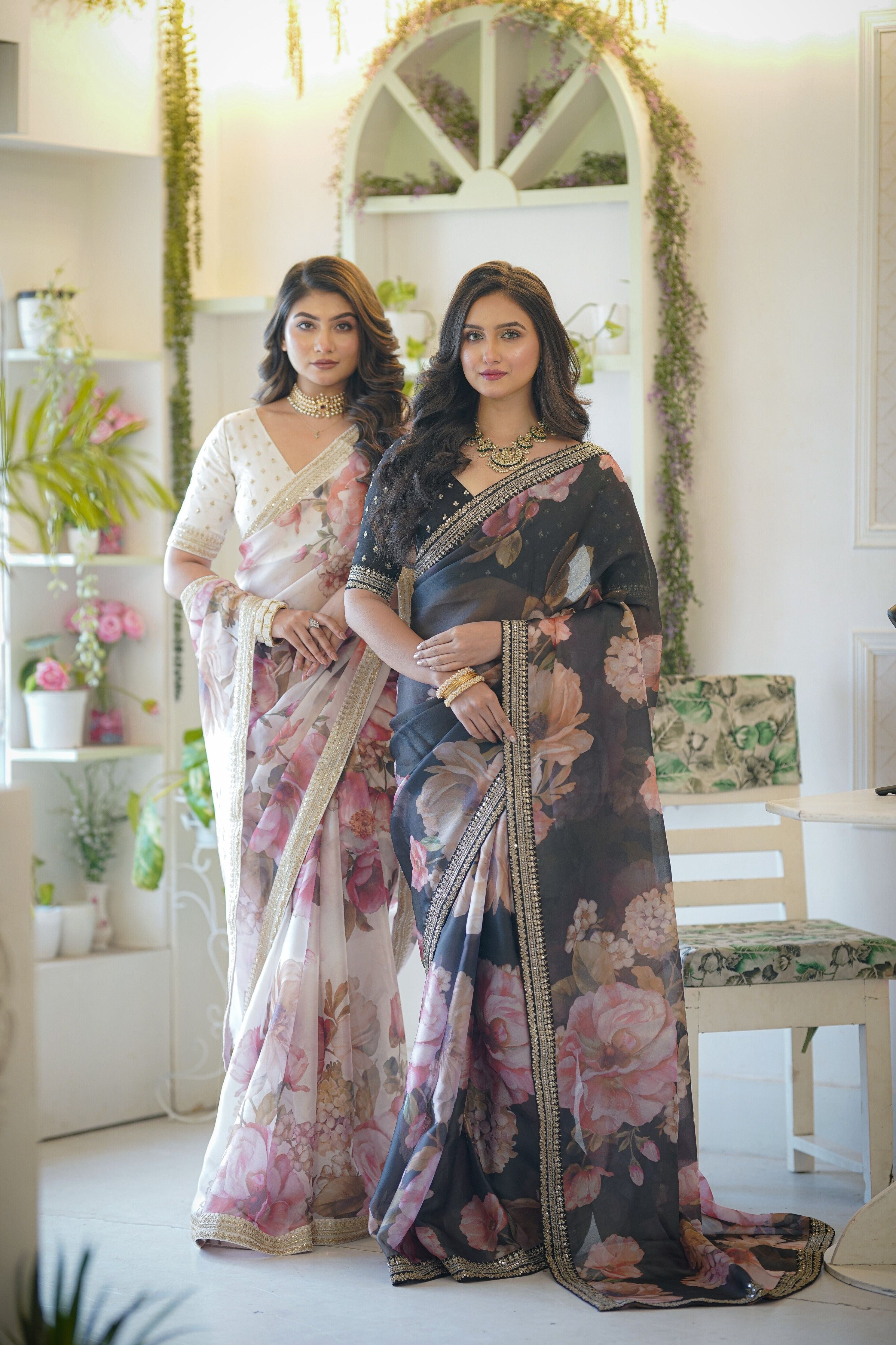 Dark Brown Floral Saree with embroidery Border - Mokshaa