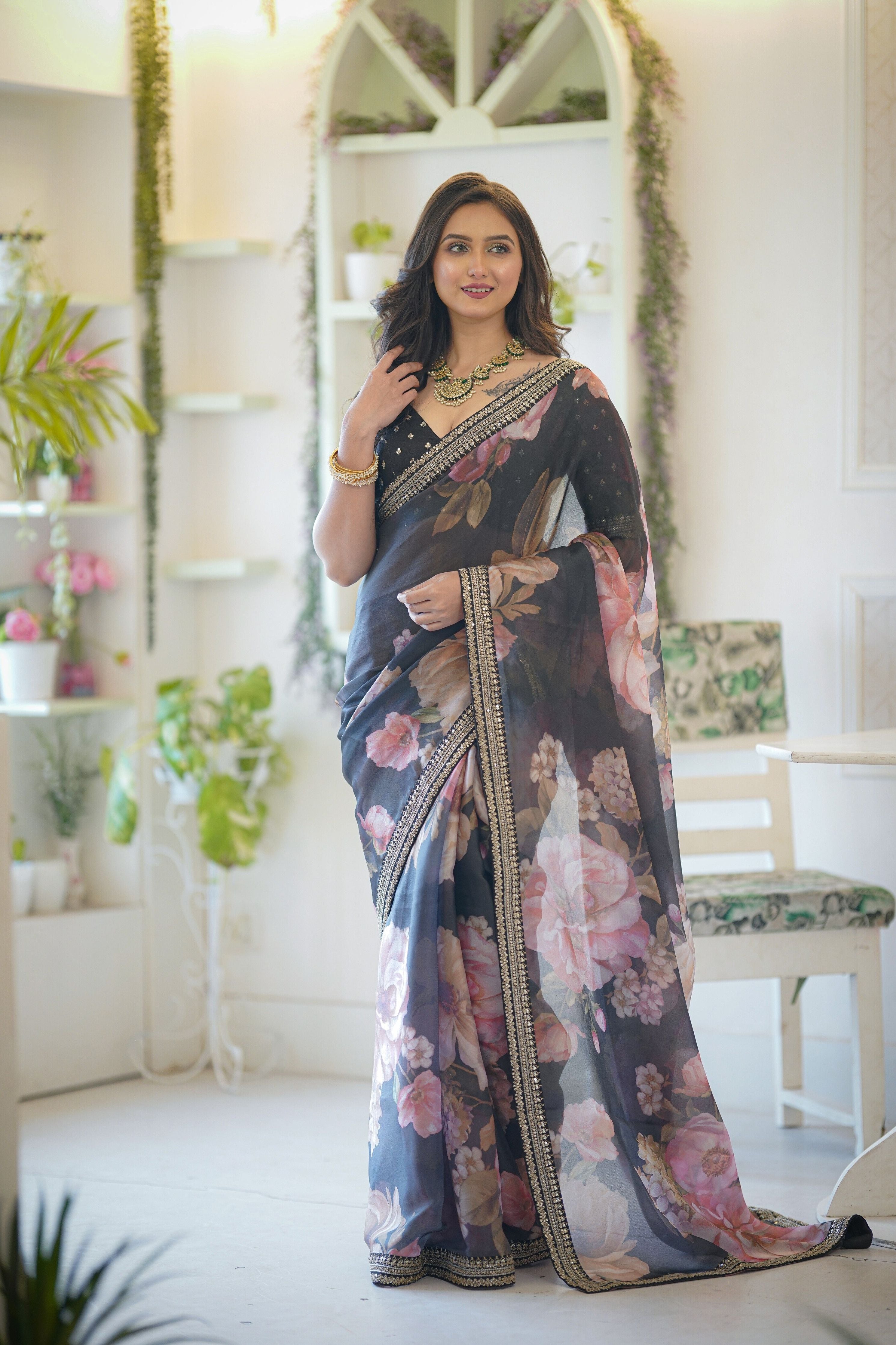 Dark Brown Floral Saree with embroidery Border - Mokshaa