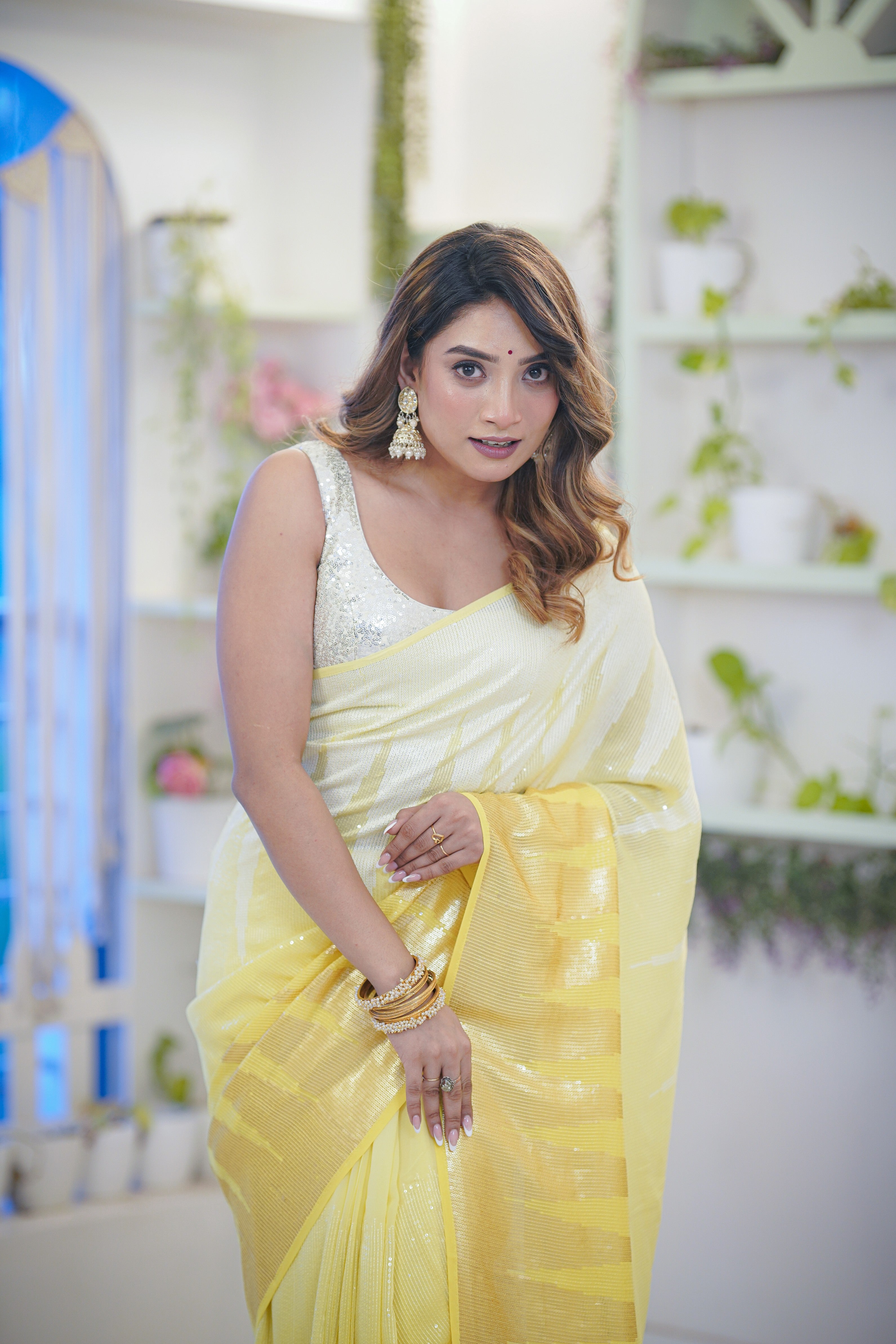 Yellow Georgette Saree with Sequins Stripes - Mokshaa