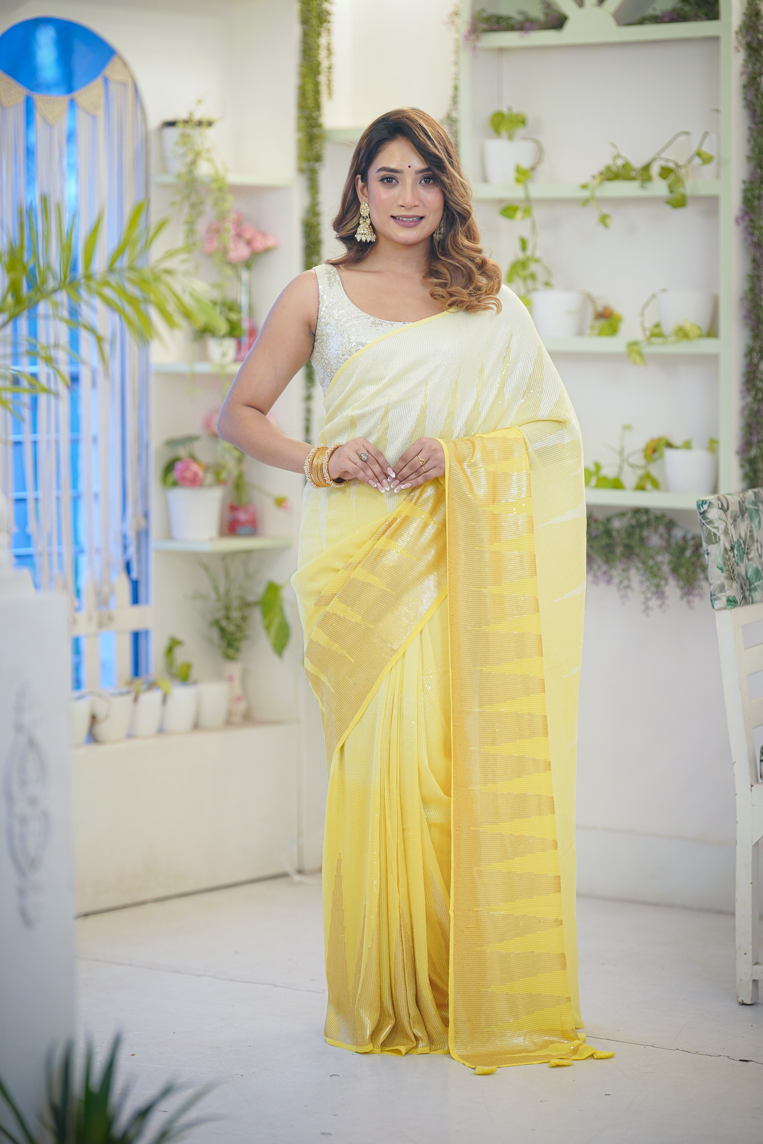 Yellow Georgette Saree with Sequins Stripes - Mokshaa