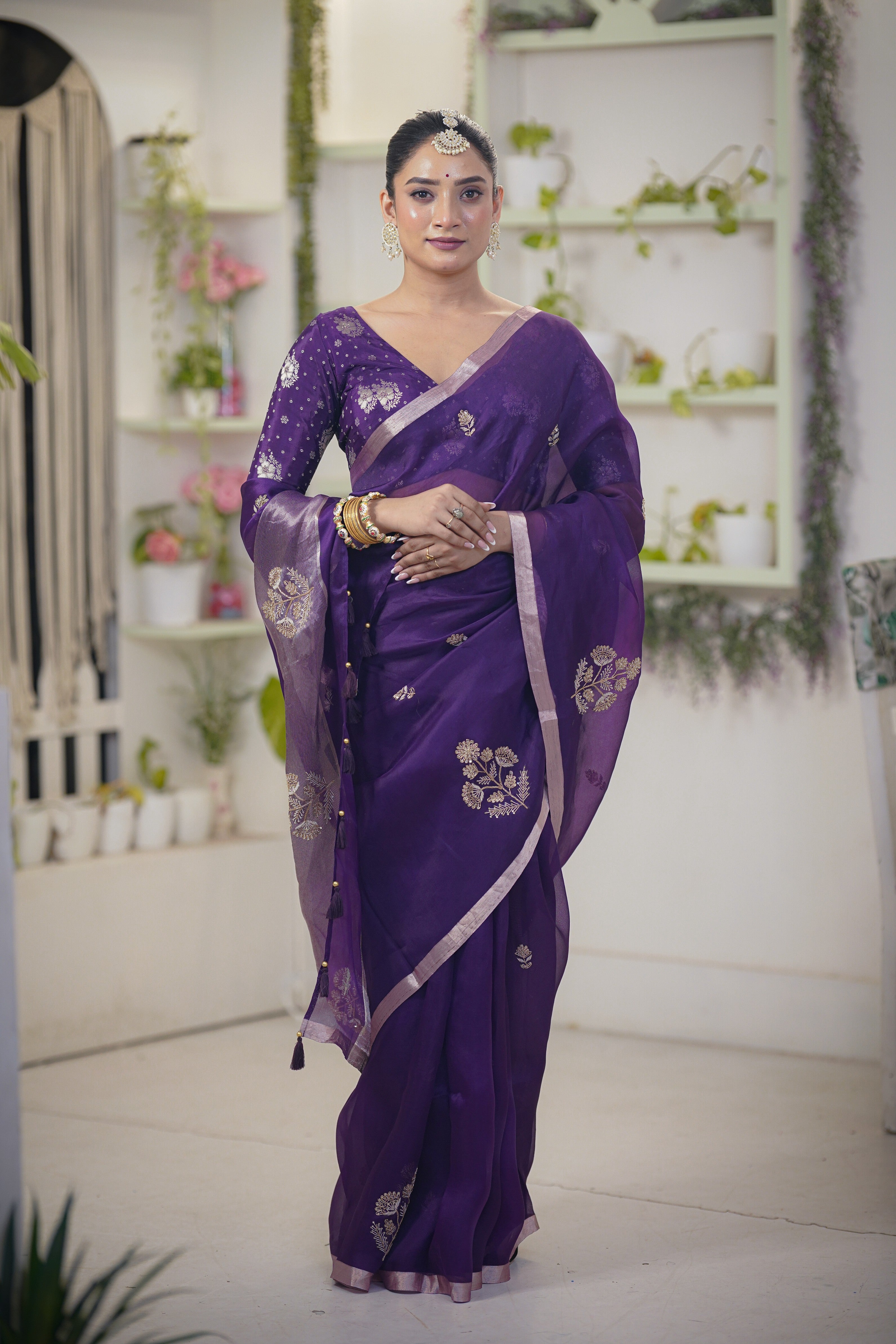 Royal Purple Organza Saree with Zardosi and Sequins Embellishments - Mokshaa