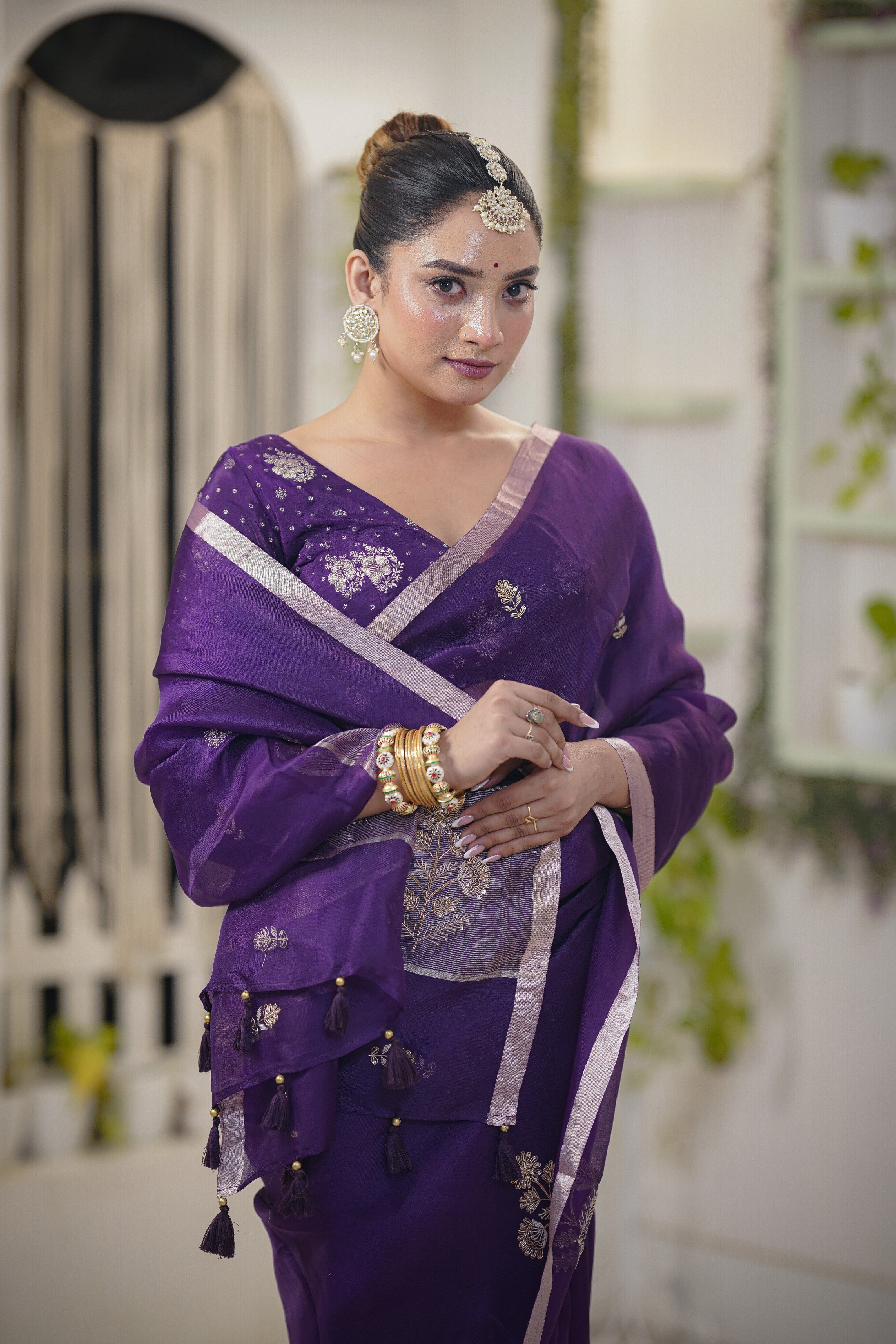 Royal Purple Organza Saree with Zardosi and Sequins Embellishments - Mokshaa