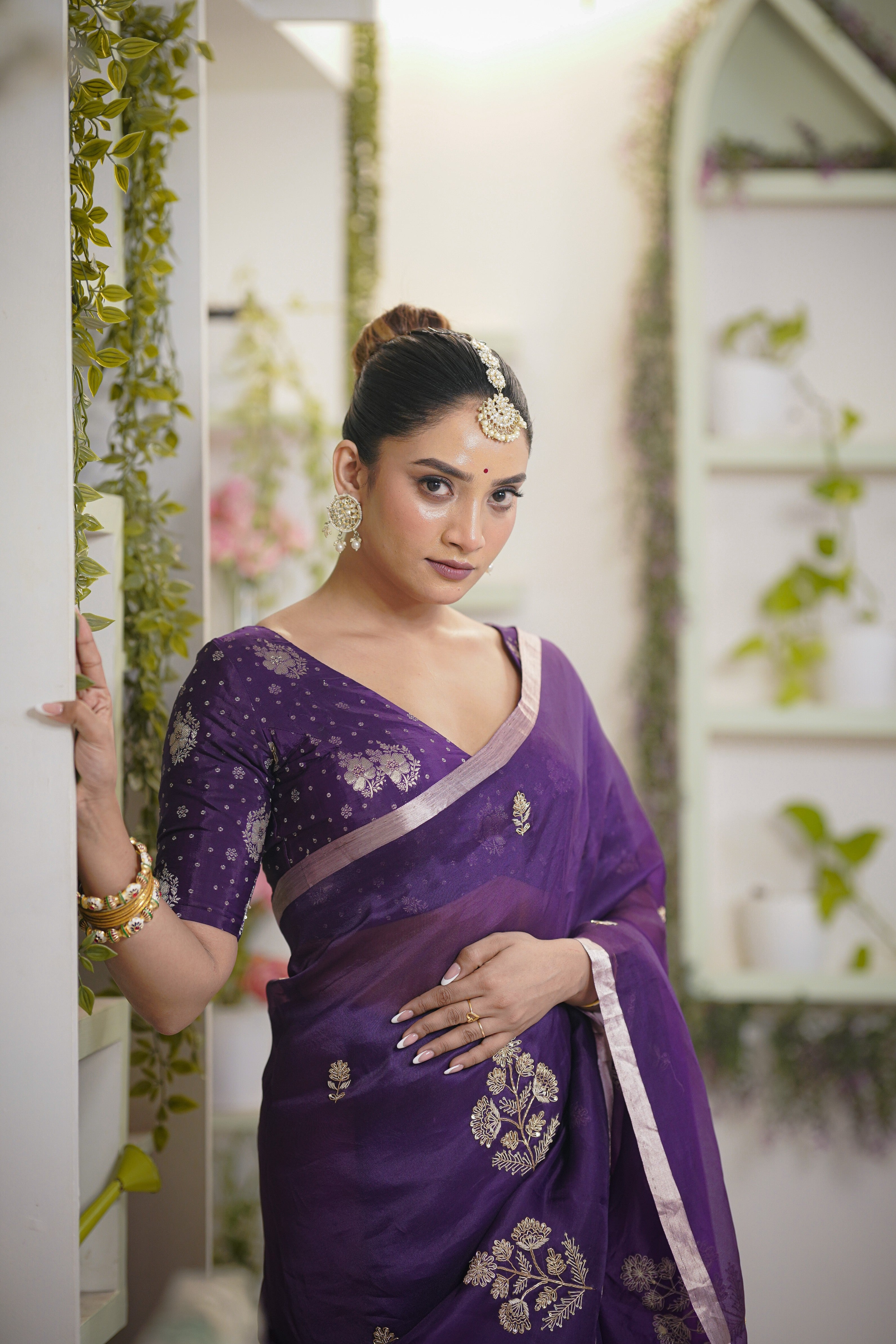 Royal Purple Organza Saree with Zardosi and Sequins Embellishments - Mokshaa