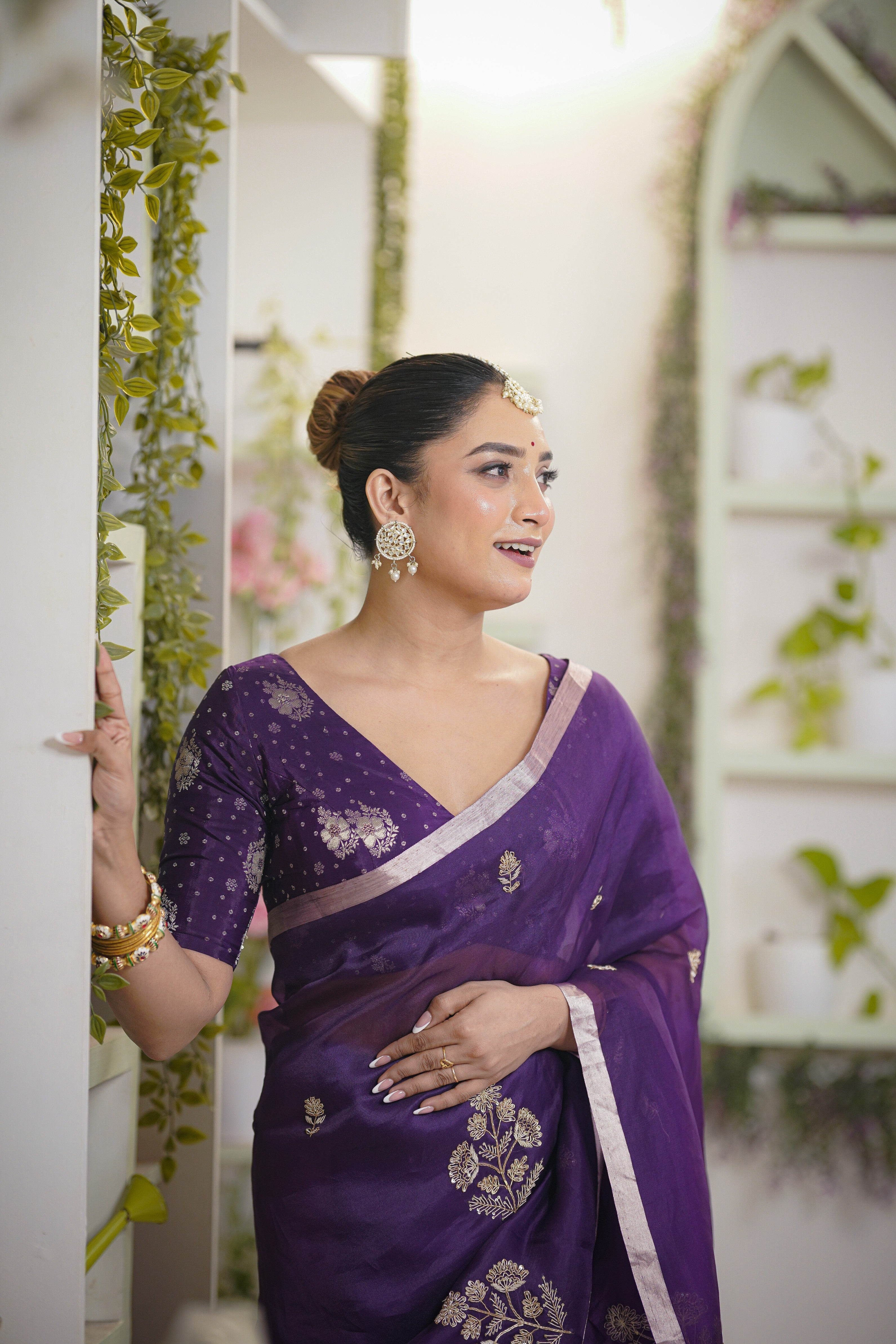 Royal Purple Organza Saree with Zardosi and Sequins Embellishments - Mokshaa