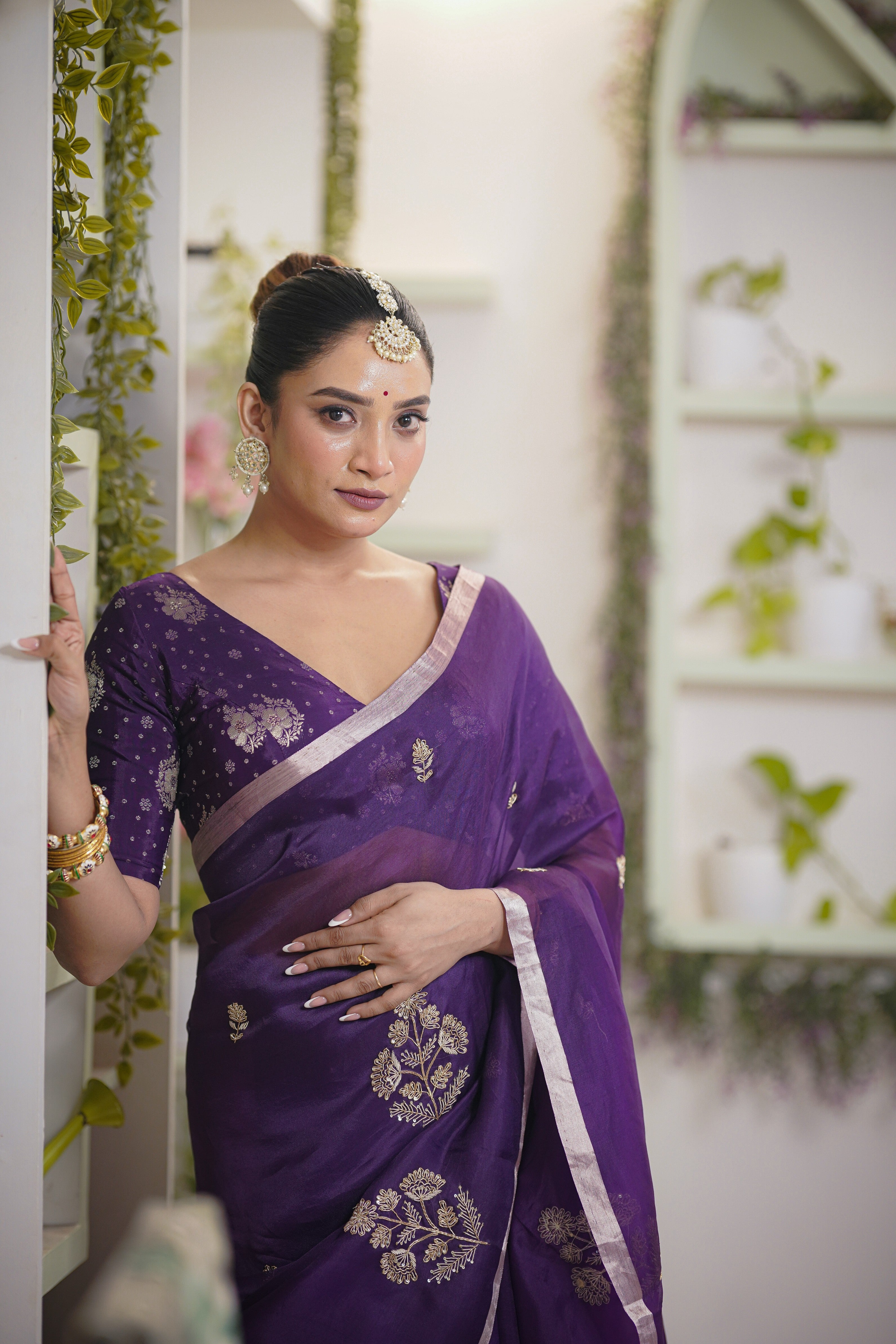 Royal Purple Organza Saree with Zardosi and Sequins Embellishments - Mokshaa