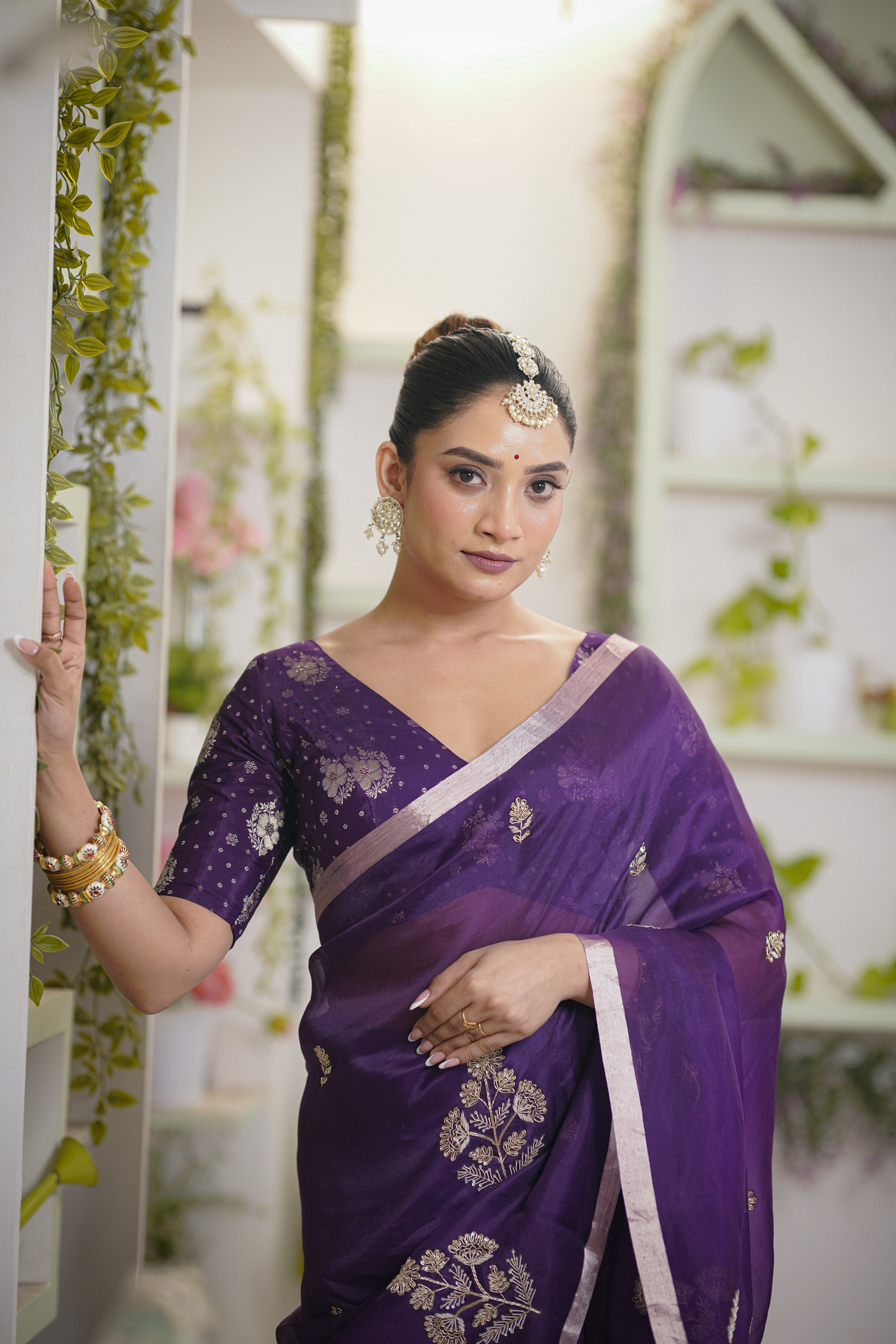 Royal Purple Organza Saree with Zardosi and Sequins Embellishments - Mokshaa