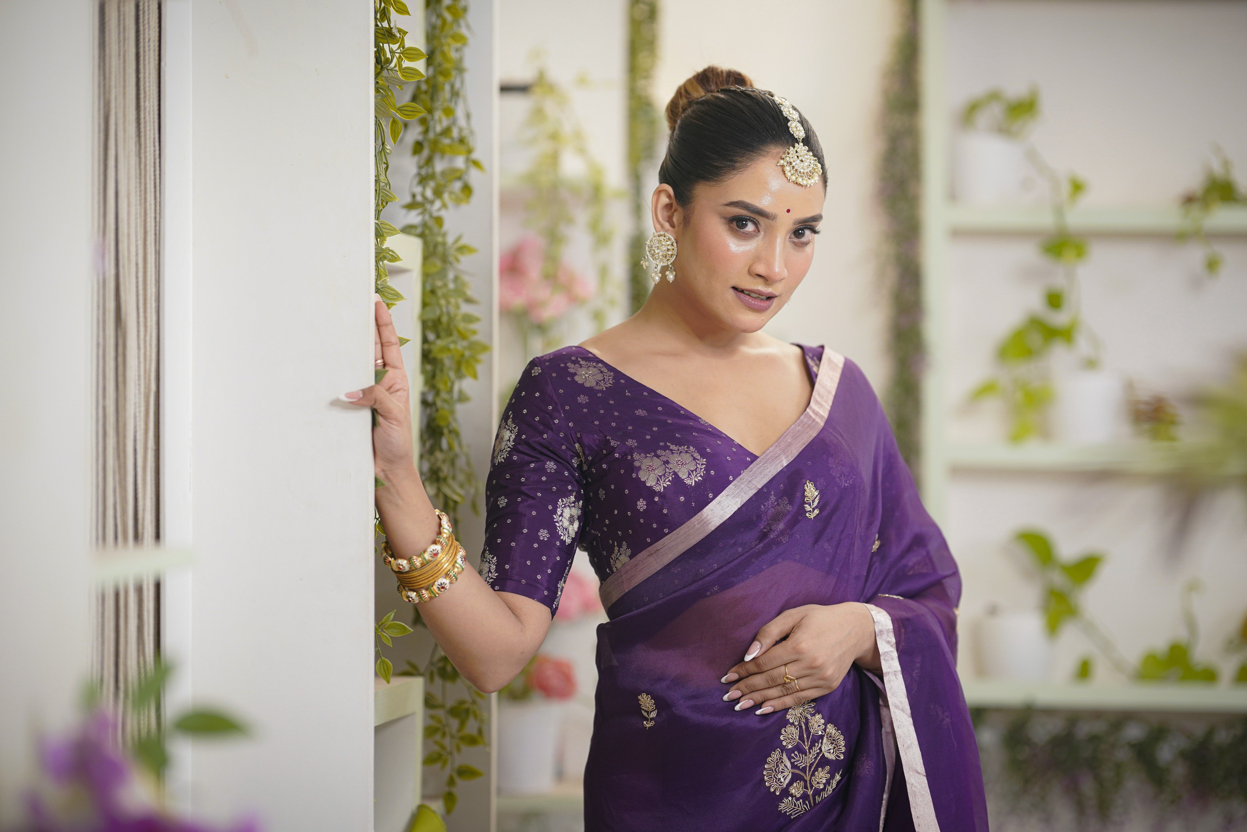 Royal Purple Organza Saree with Zardosi and Sequins Embellishments - Mokshaa