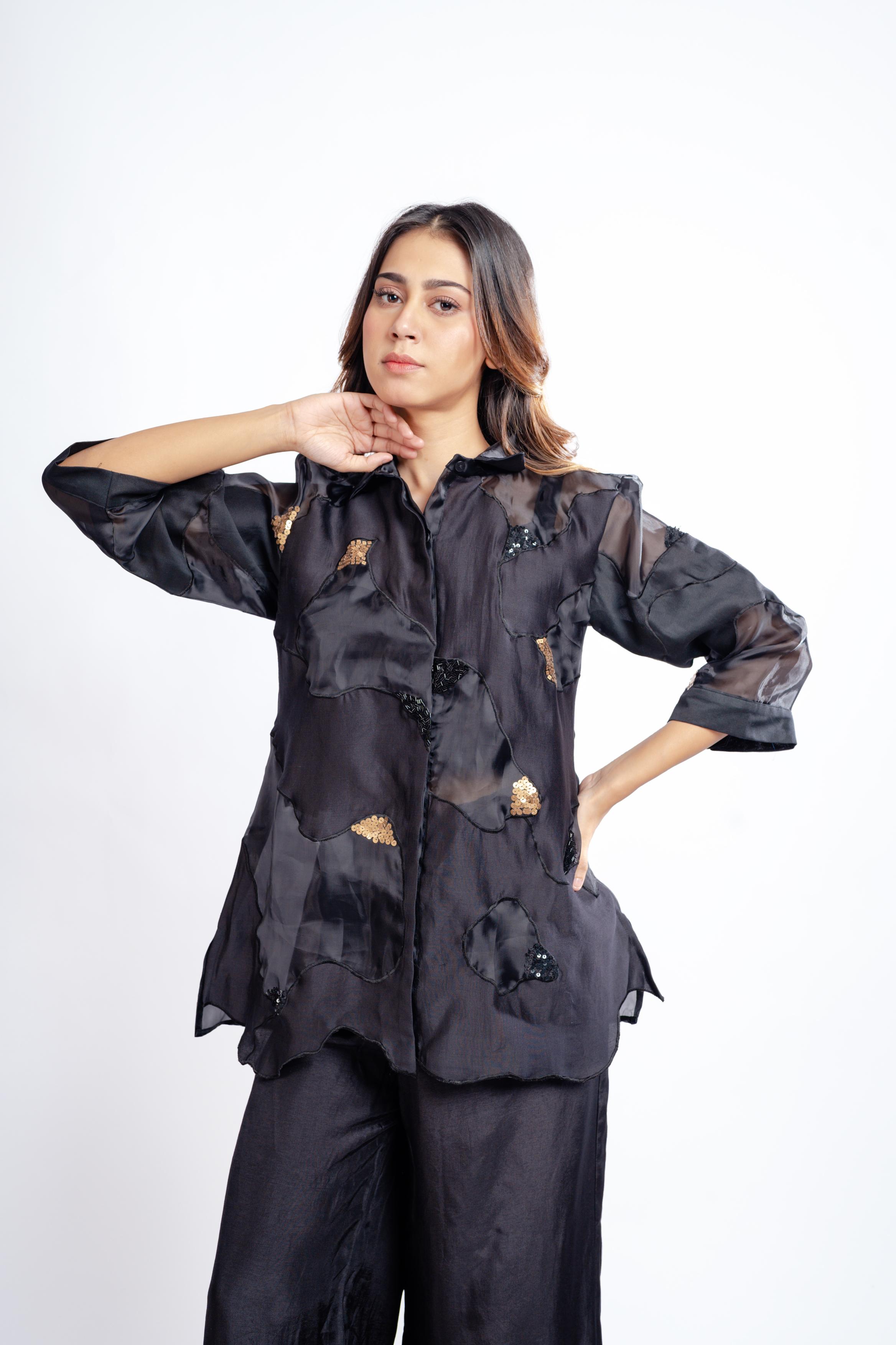 Black Organza Sequin Embellished Cord Set