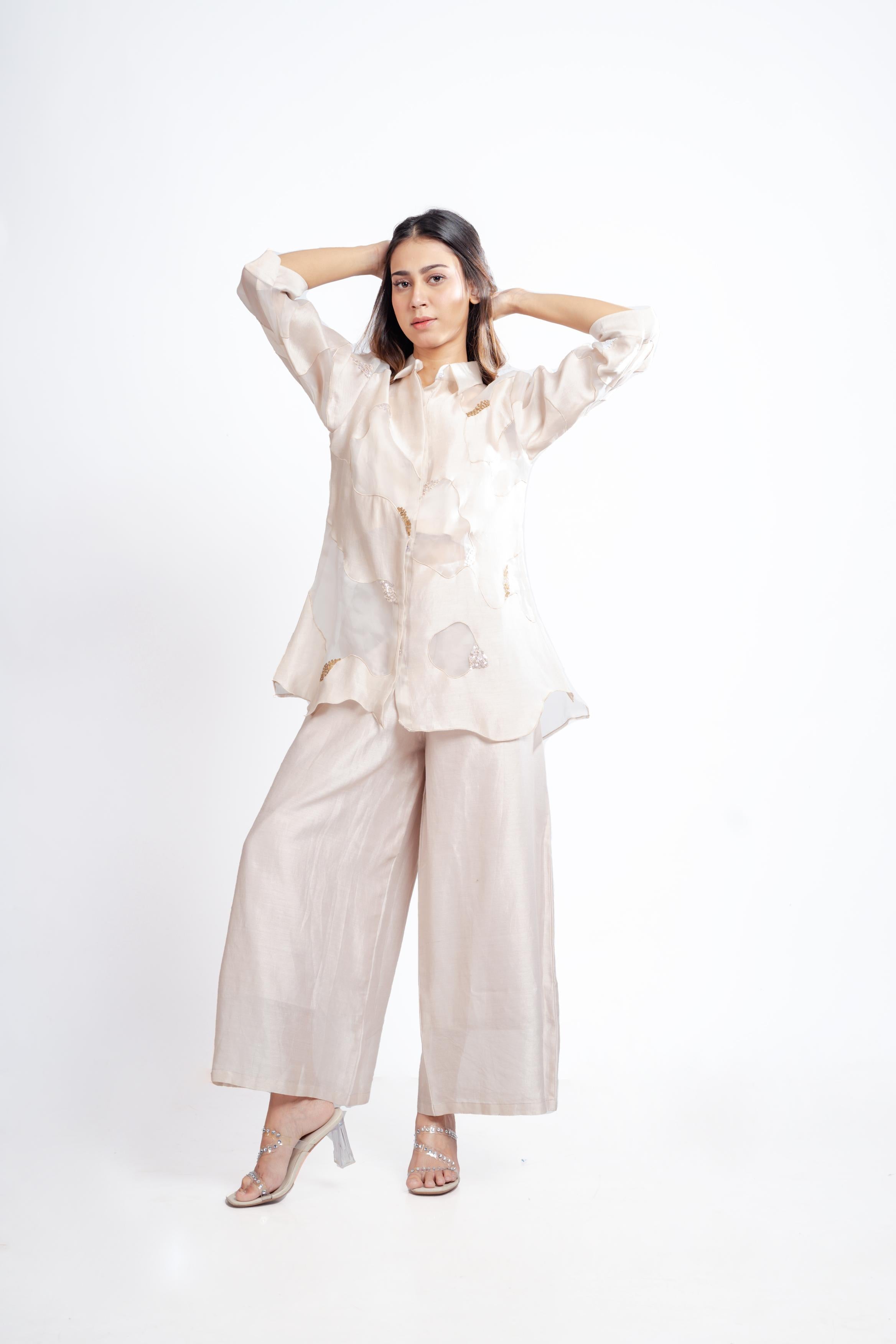 Ivory Organza Sequin Embellished Cord Set