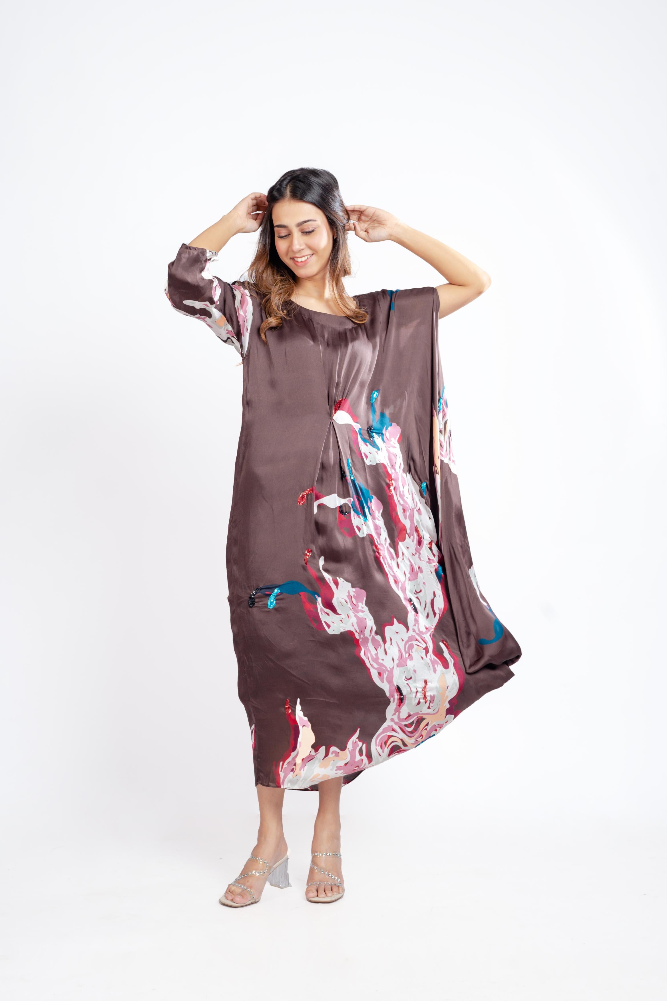 Brown Printed Dress with Sequin Embellishments