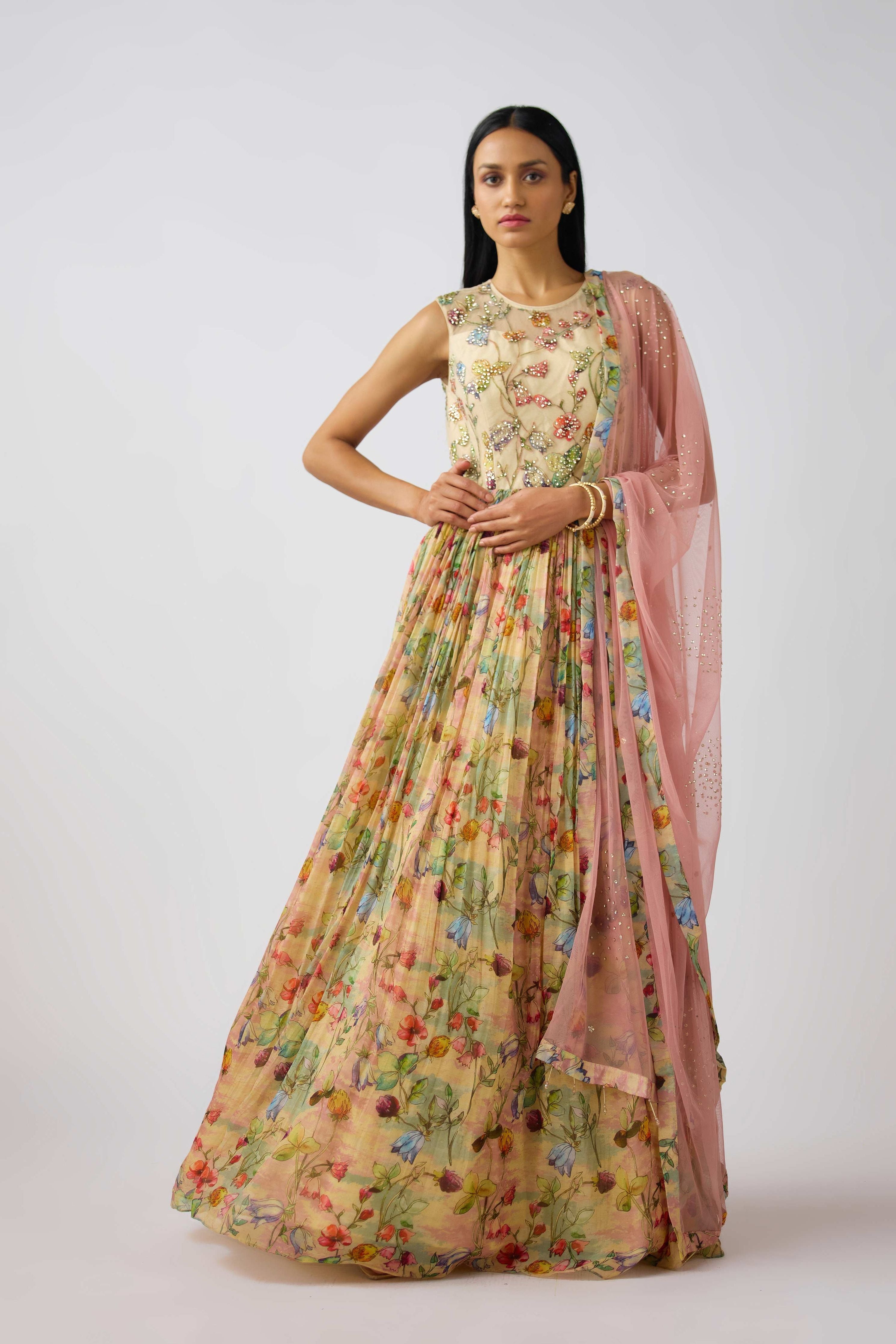 Pink Organza Embroidered Anarkali Set  Mokshaa