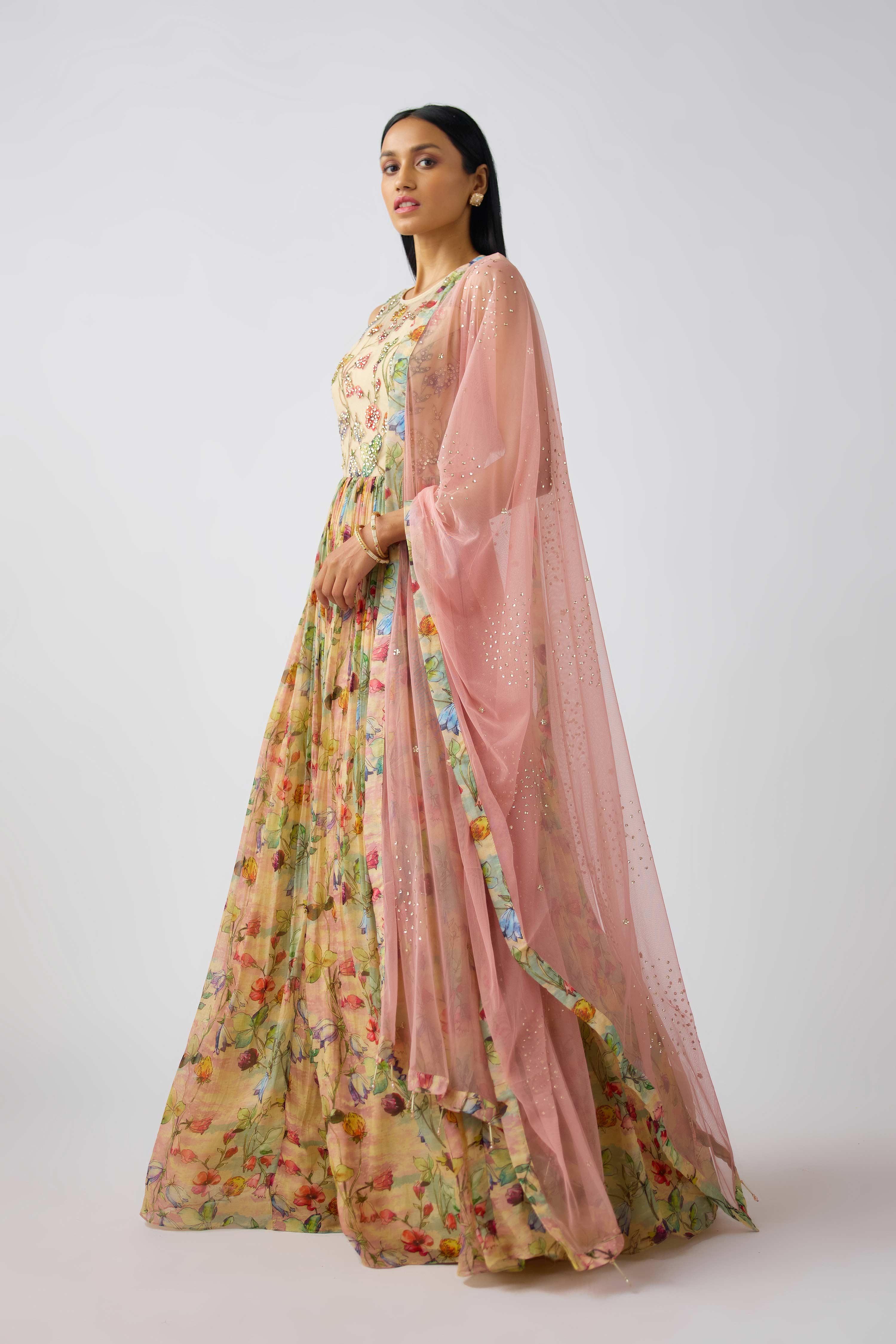 Pink Organza Embroidered Anarkali Set  Mokshaa