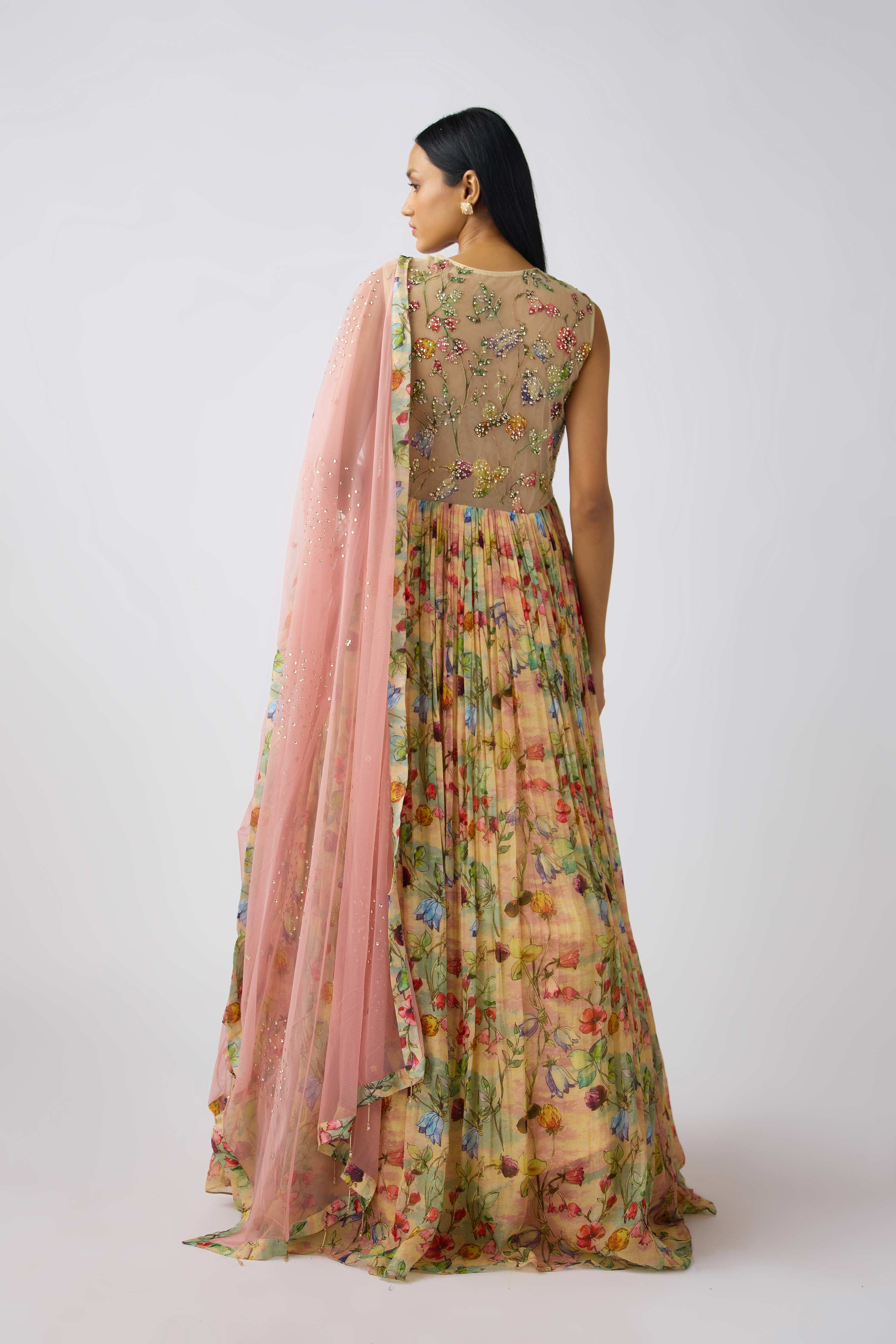 Pink Organza Embroidered Anarkali Set  Mokshaa