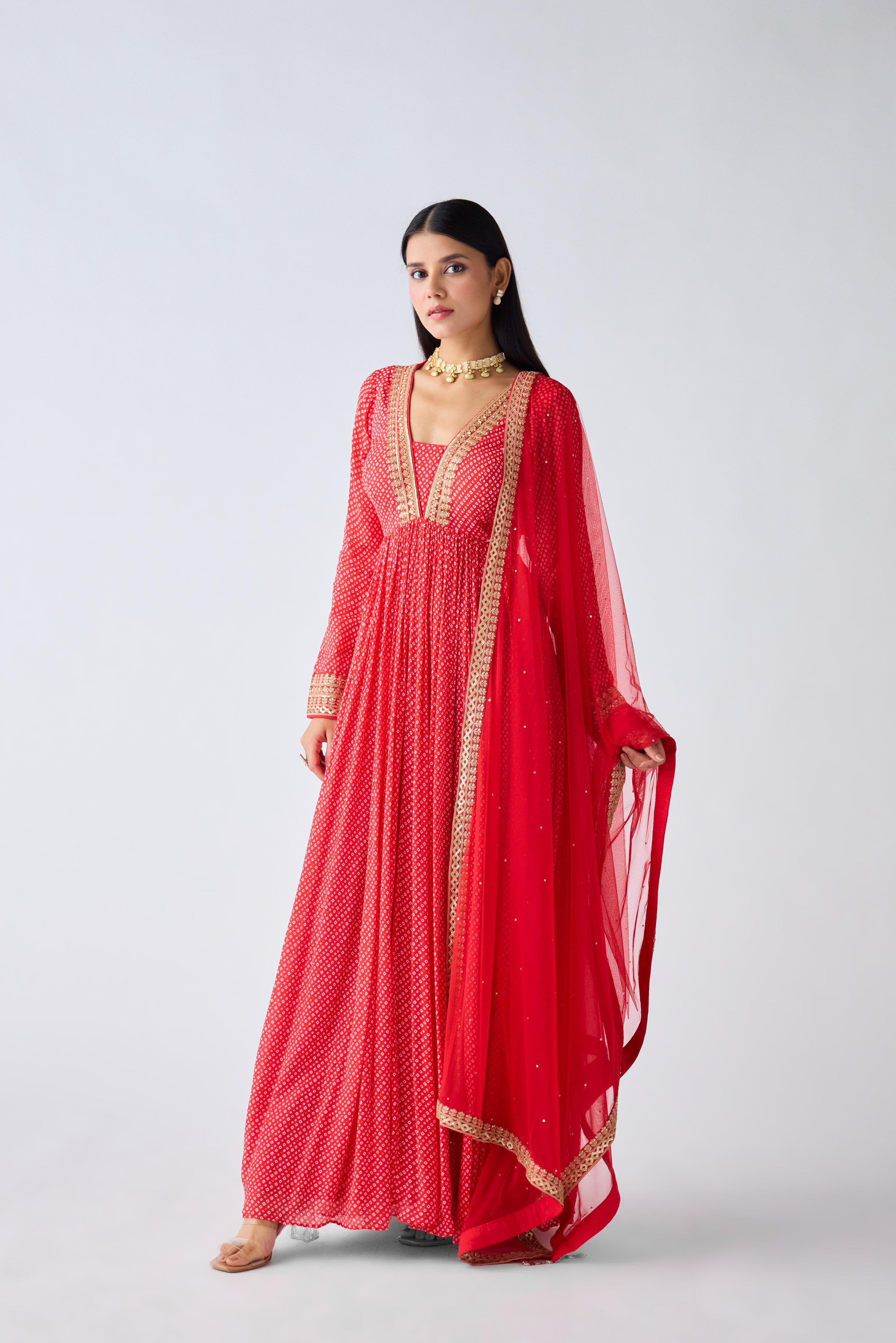 Red Zari Work Anarkali Set - Mokshaa