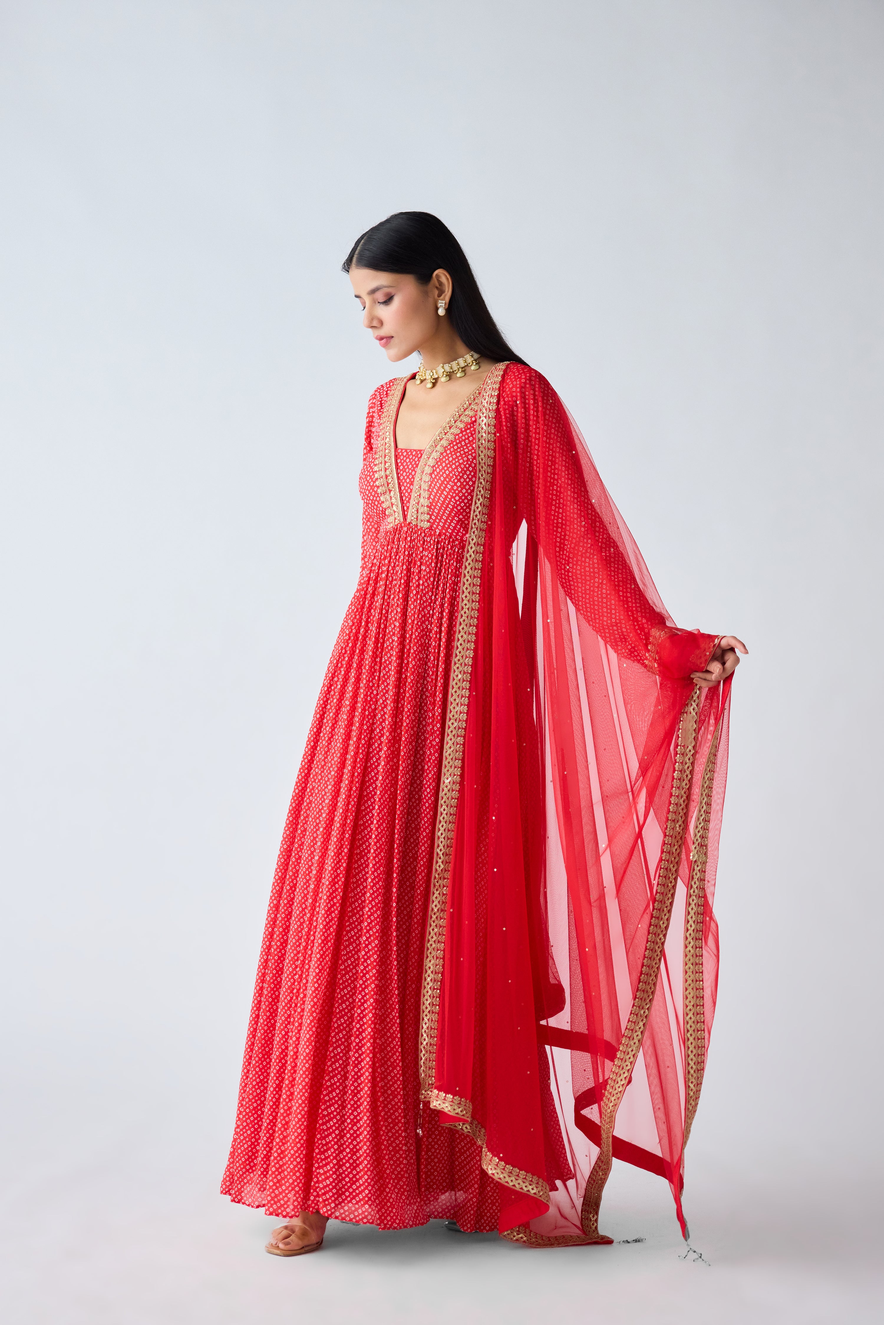 Red Zari Work Anarkali Set - Mokshaa