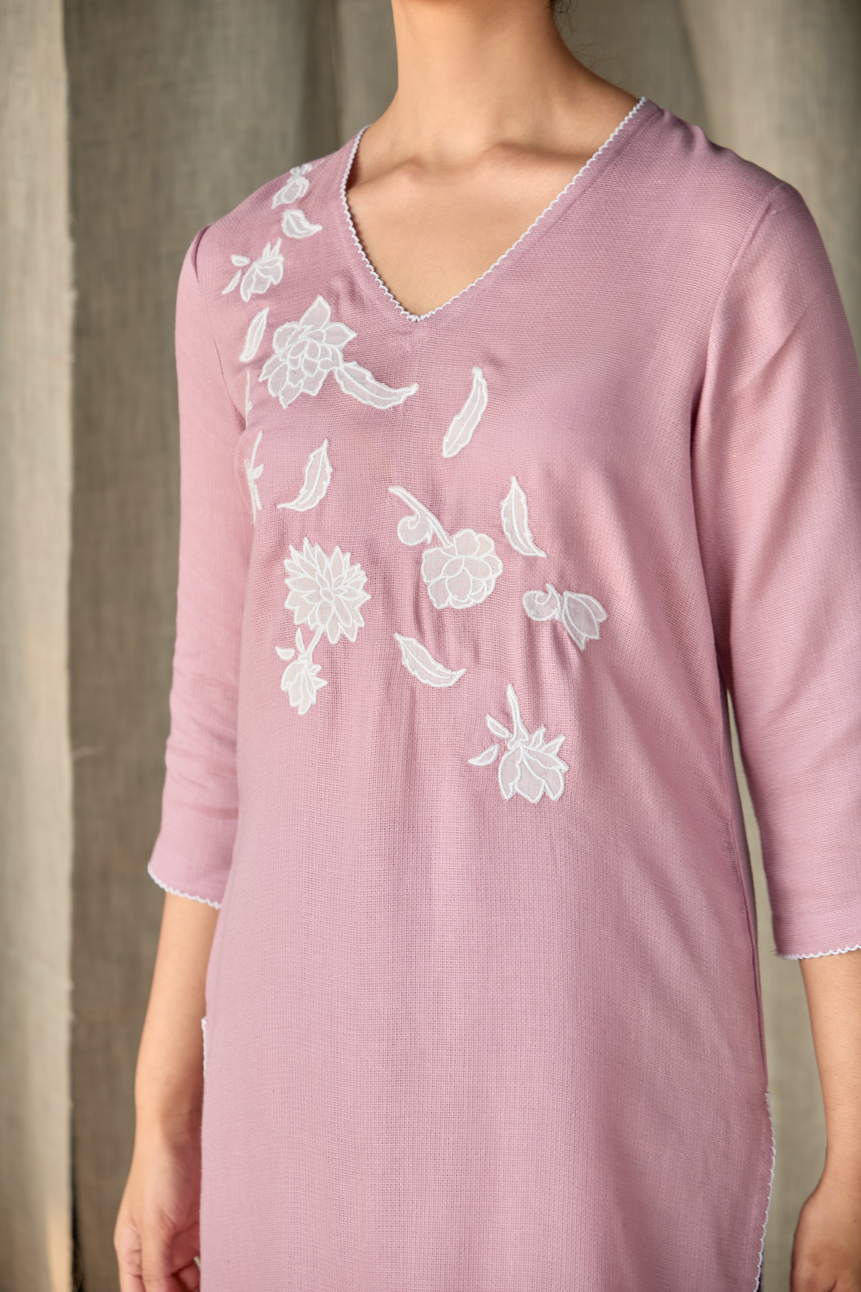 Blossom Pink Applique Linen Kurta Set - Mokshaa