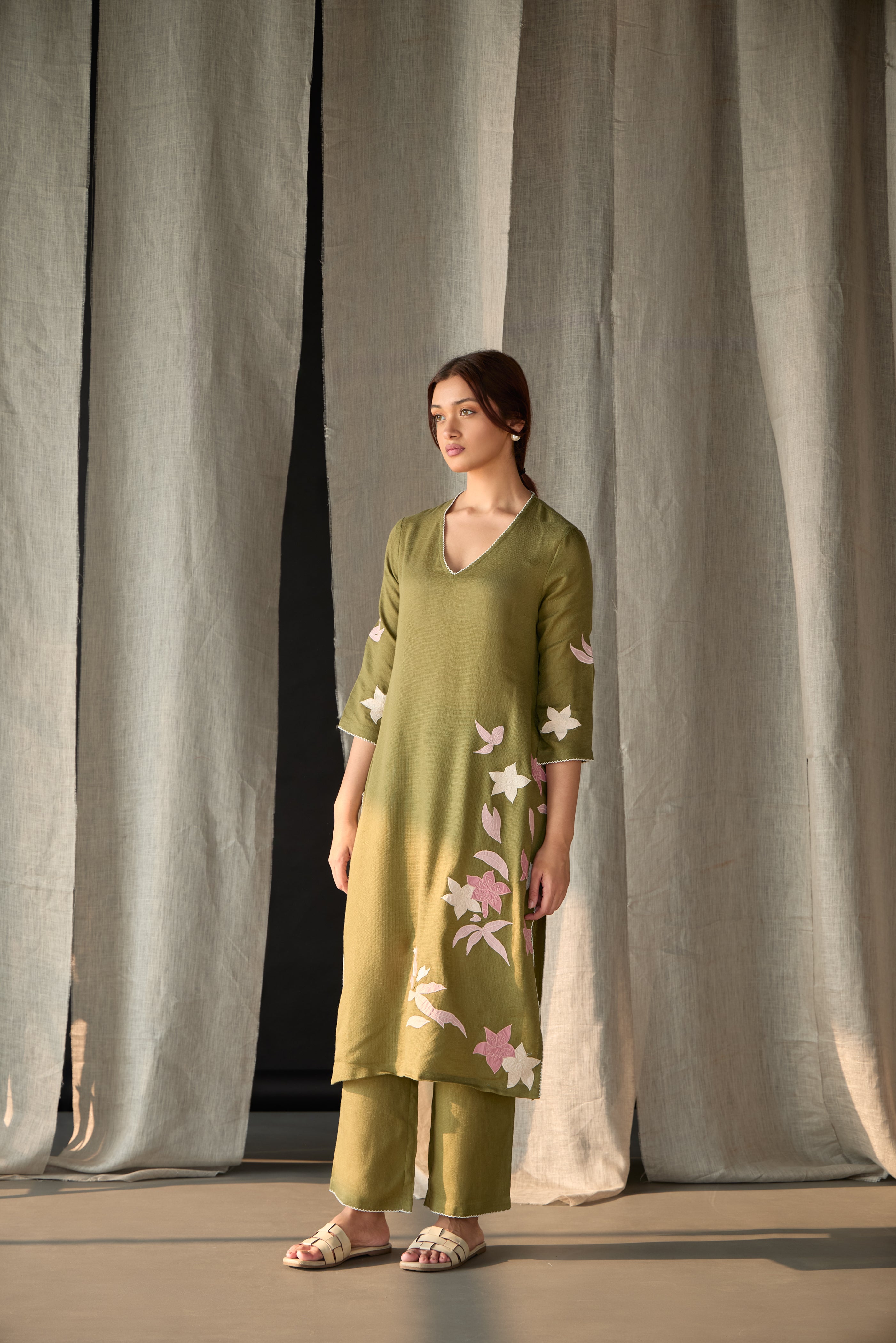 Olive Linen Applique Kurta Set - Mokshaa