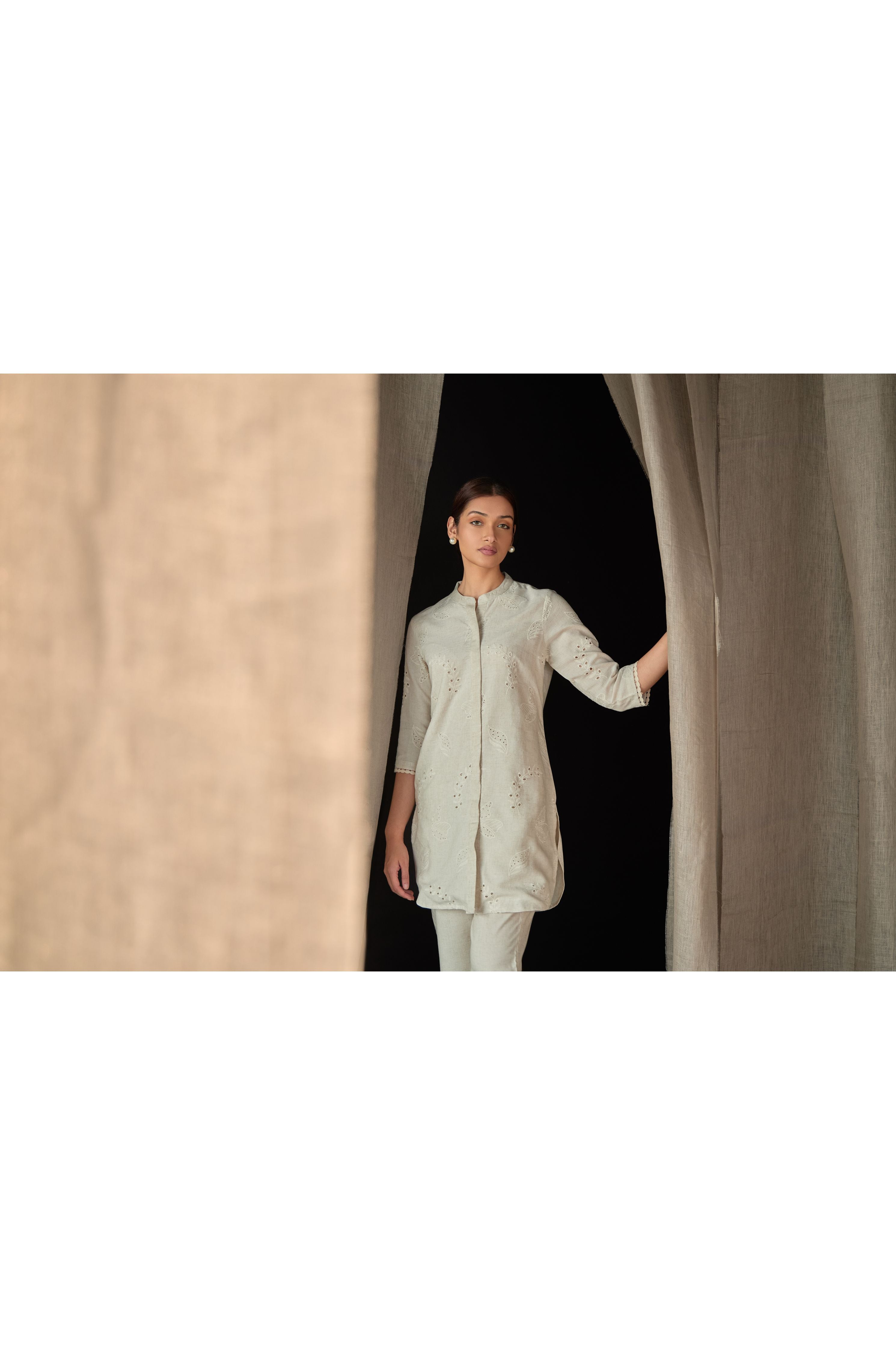 Natural Linen Schiffli Cutwork Co-ord Set - Mokshaa