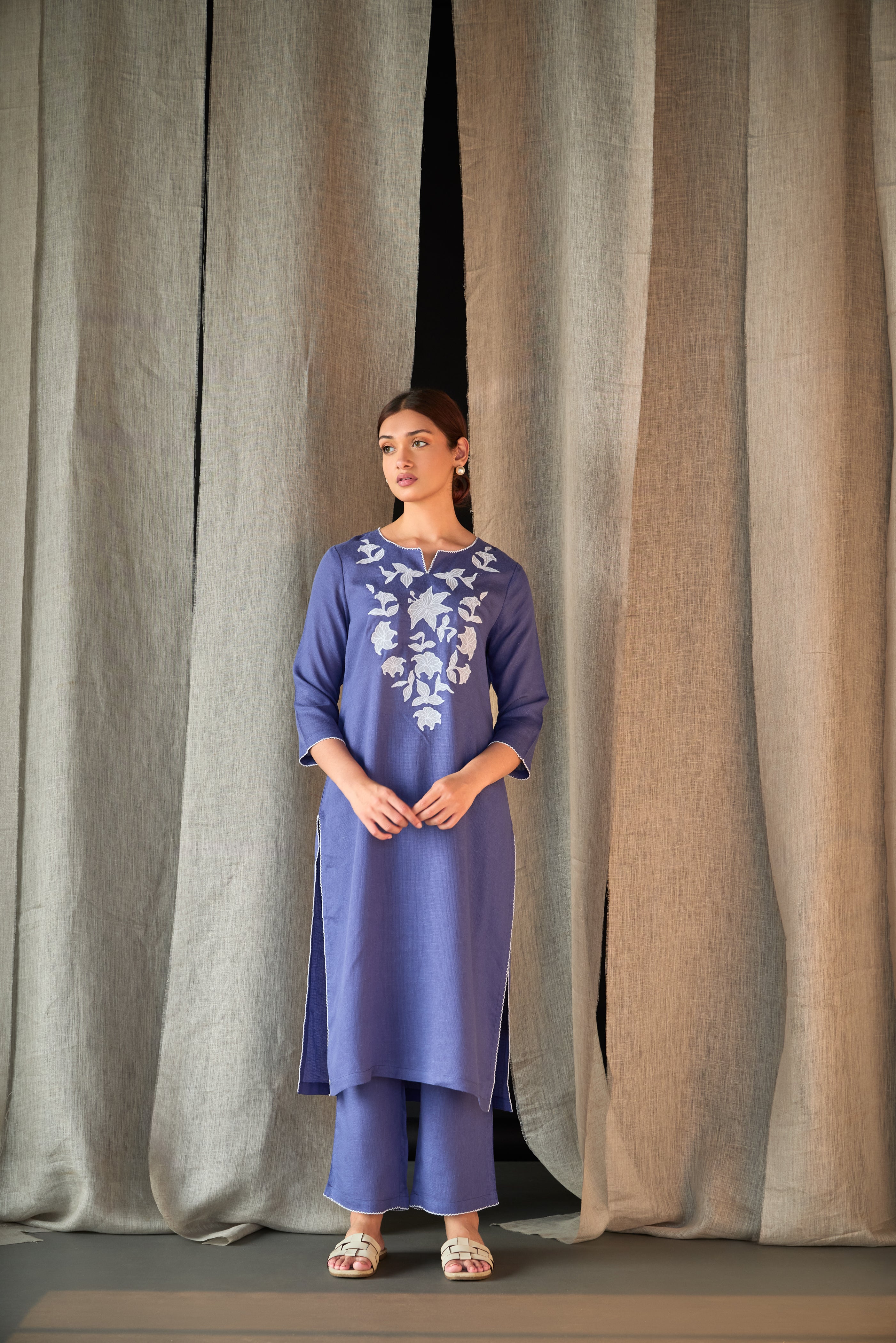 Dusk Linen Applique Kurta Set - Mokshaa