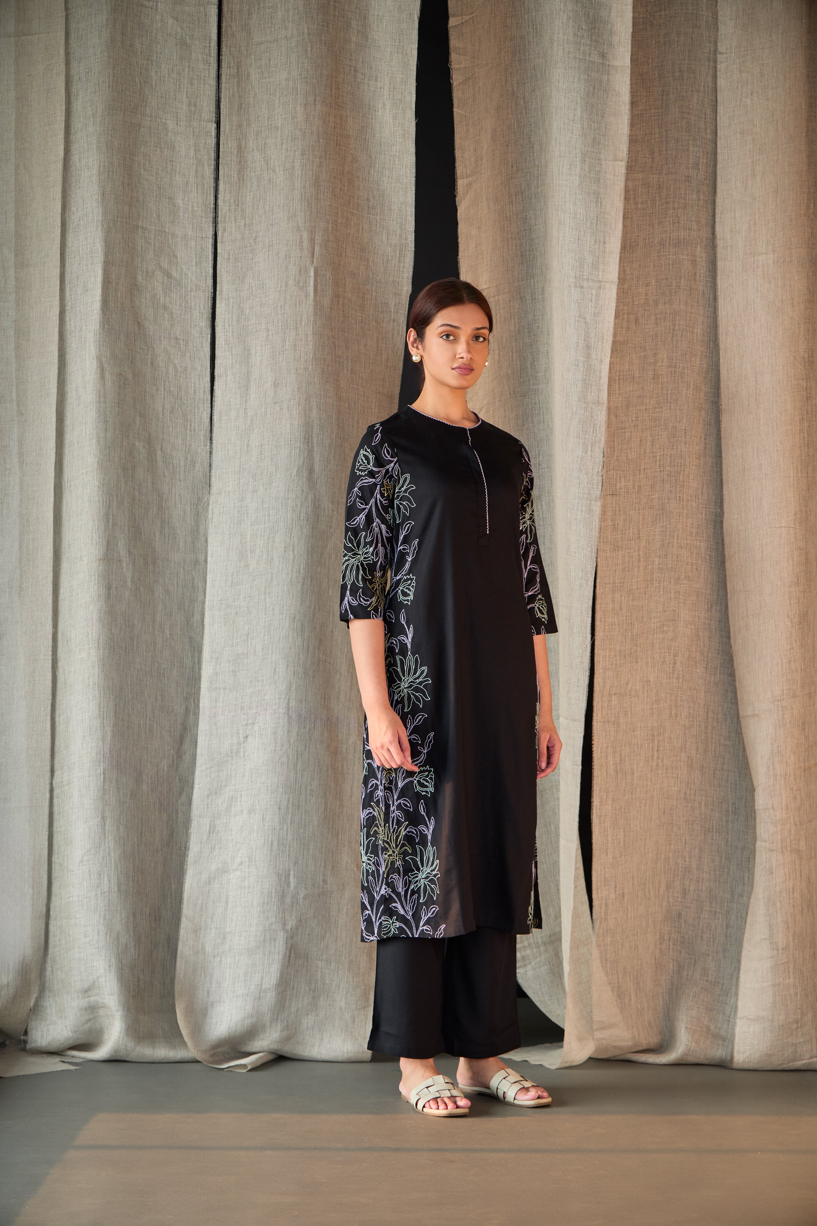 Black Embroidered Tencel Kurta Set - Mokshaa