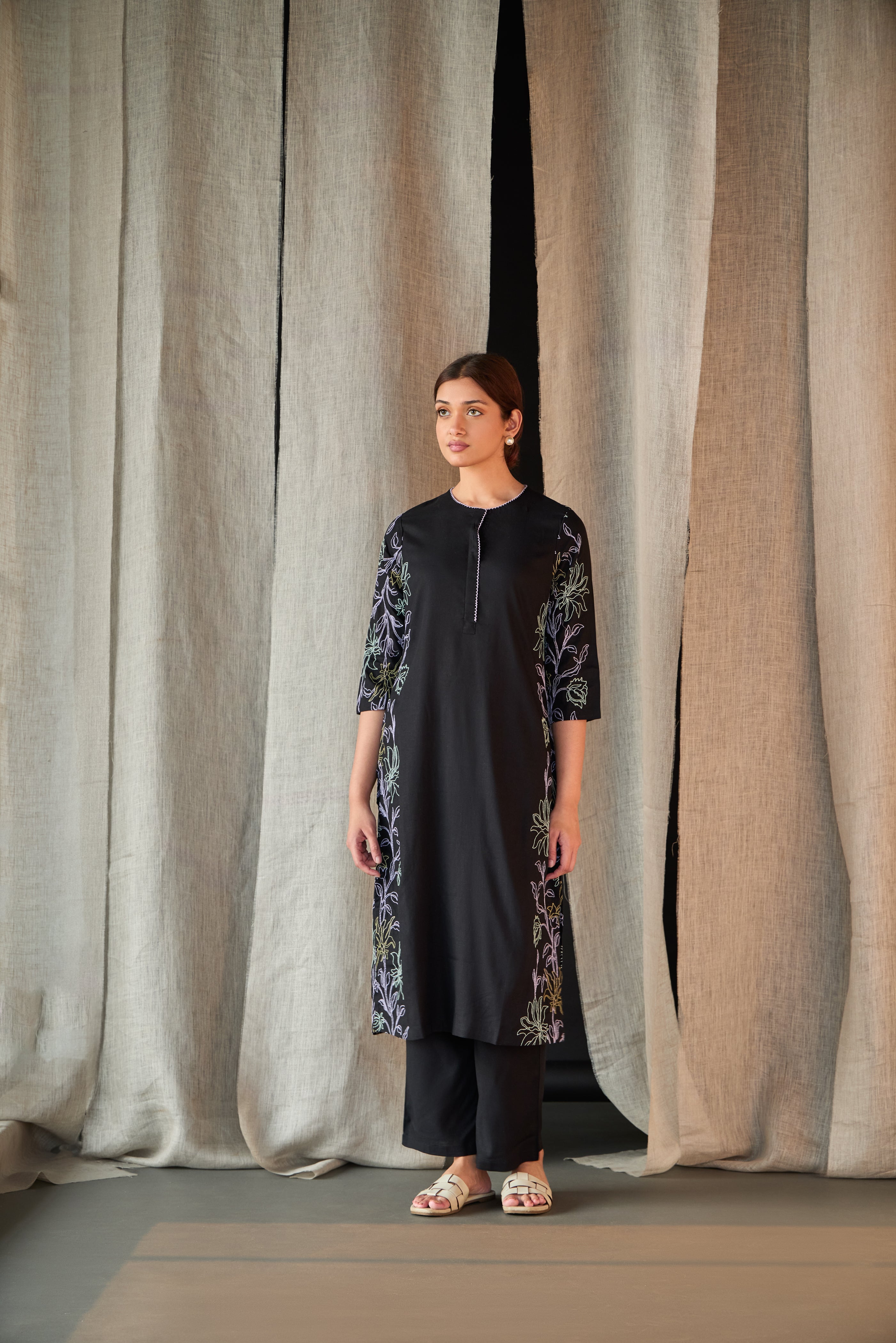 Black Embroidered Tencel Kurta Set - Mokshaa