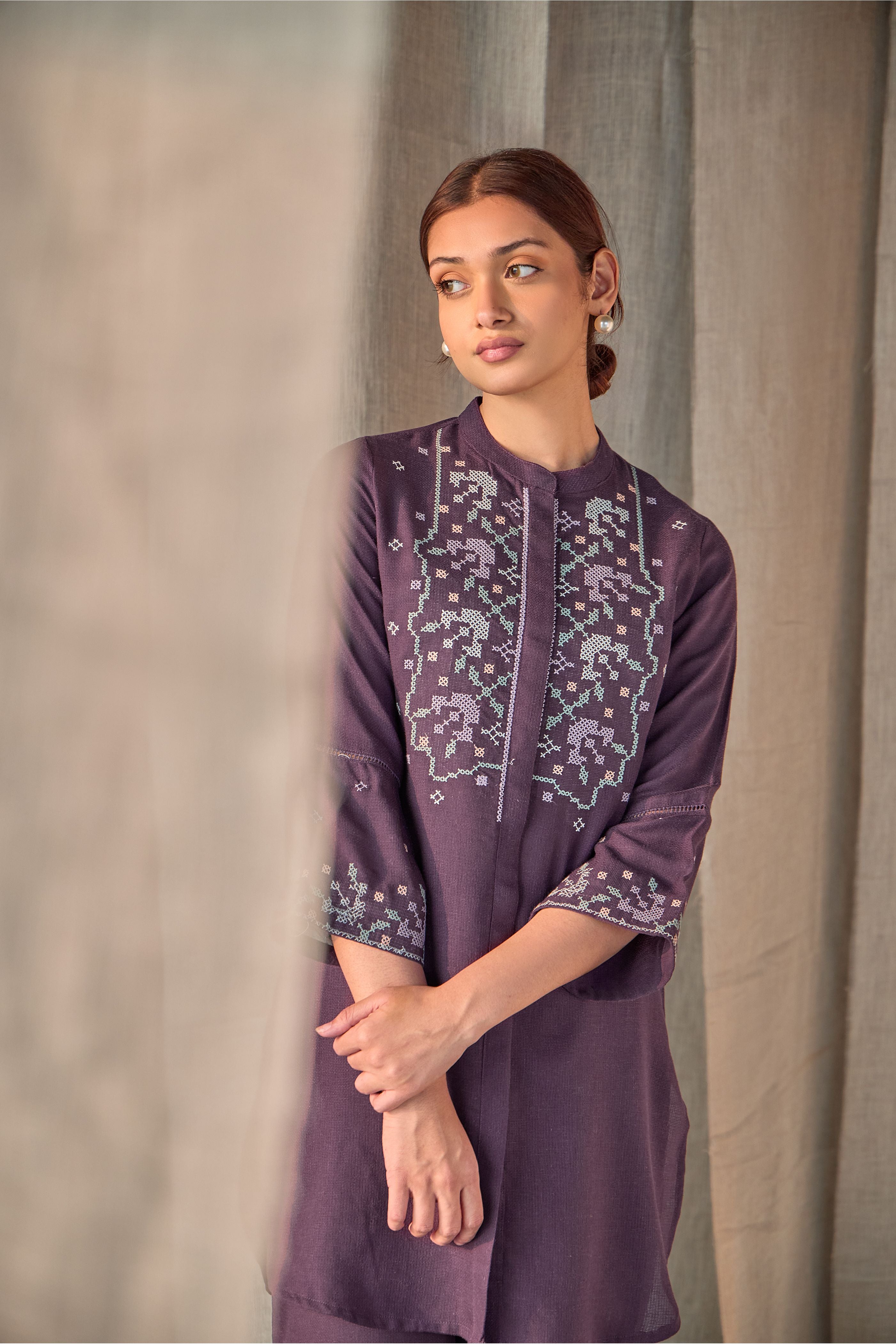 Grape Linen Cross-Stitch Co-ord Set - Mokshaa