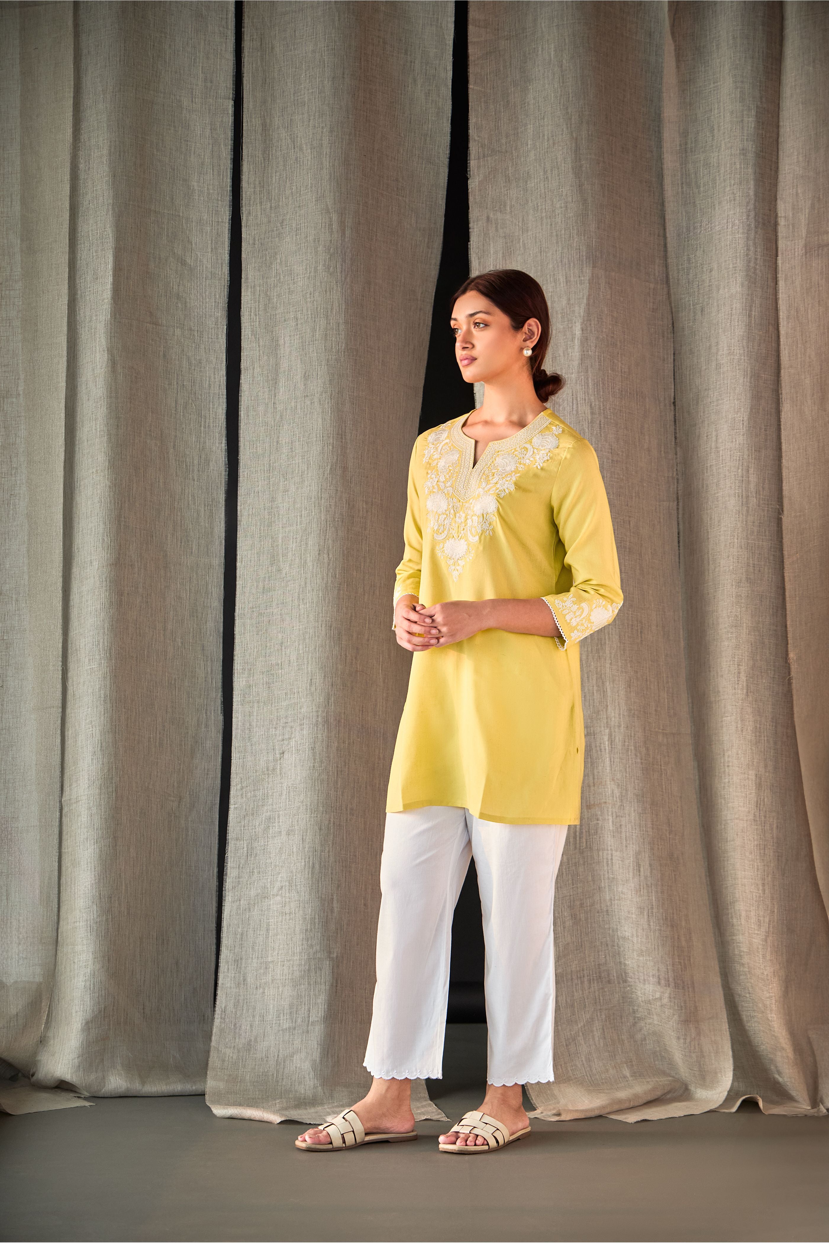 Yellow Yoke Embroidered Co-ord Set - Mokshaa